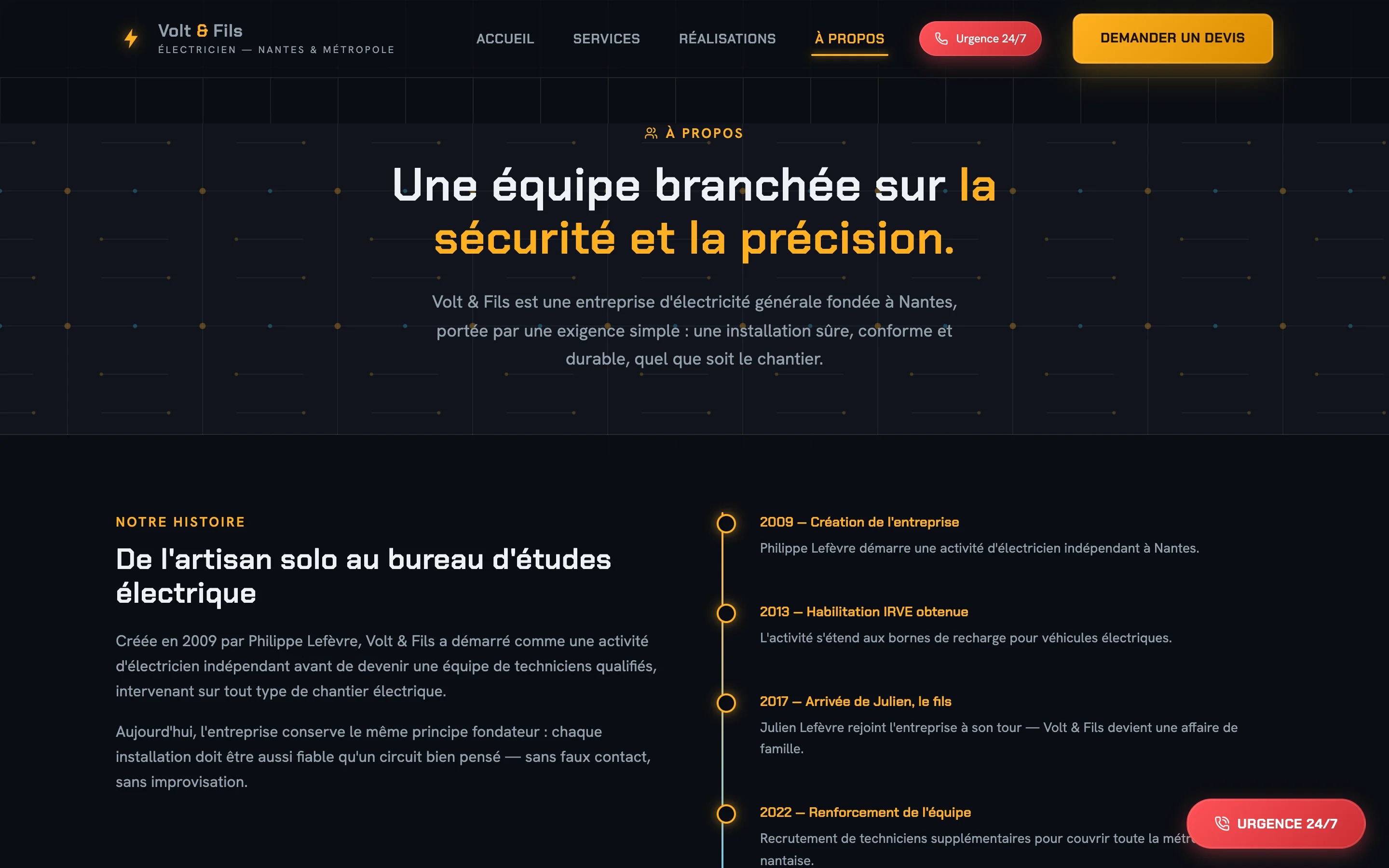 Capture d'écran réelle de la page À propos de Volt & Fils, avec la timeline de l'entreprise