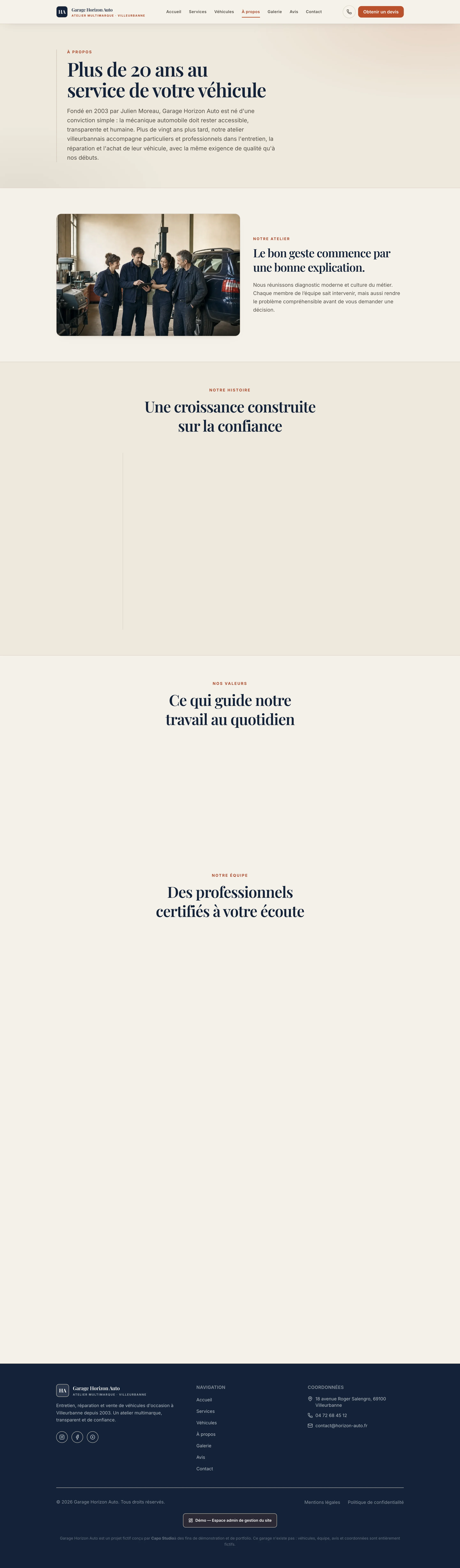 Capture d'écran de la page Une équipe de cinq professionnels, pas un logo anonyme