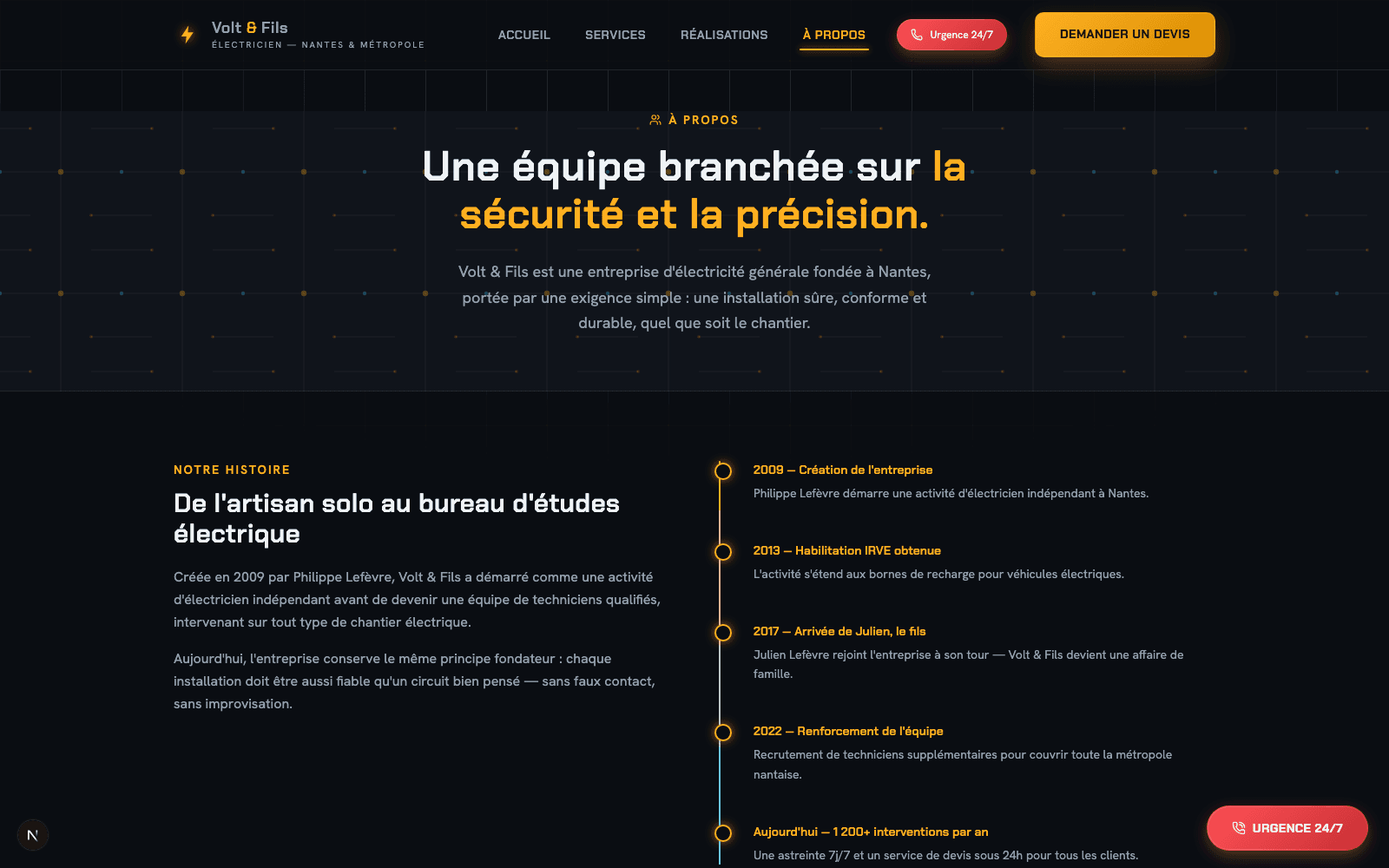 Capture d'écran réelle de la page À propos de Volt & Fils, avec la timeline de l'entreprise