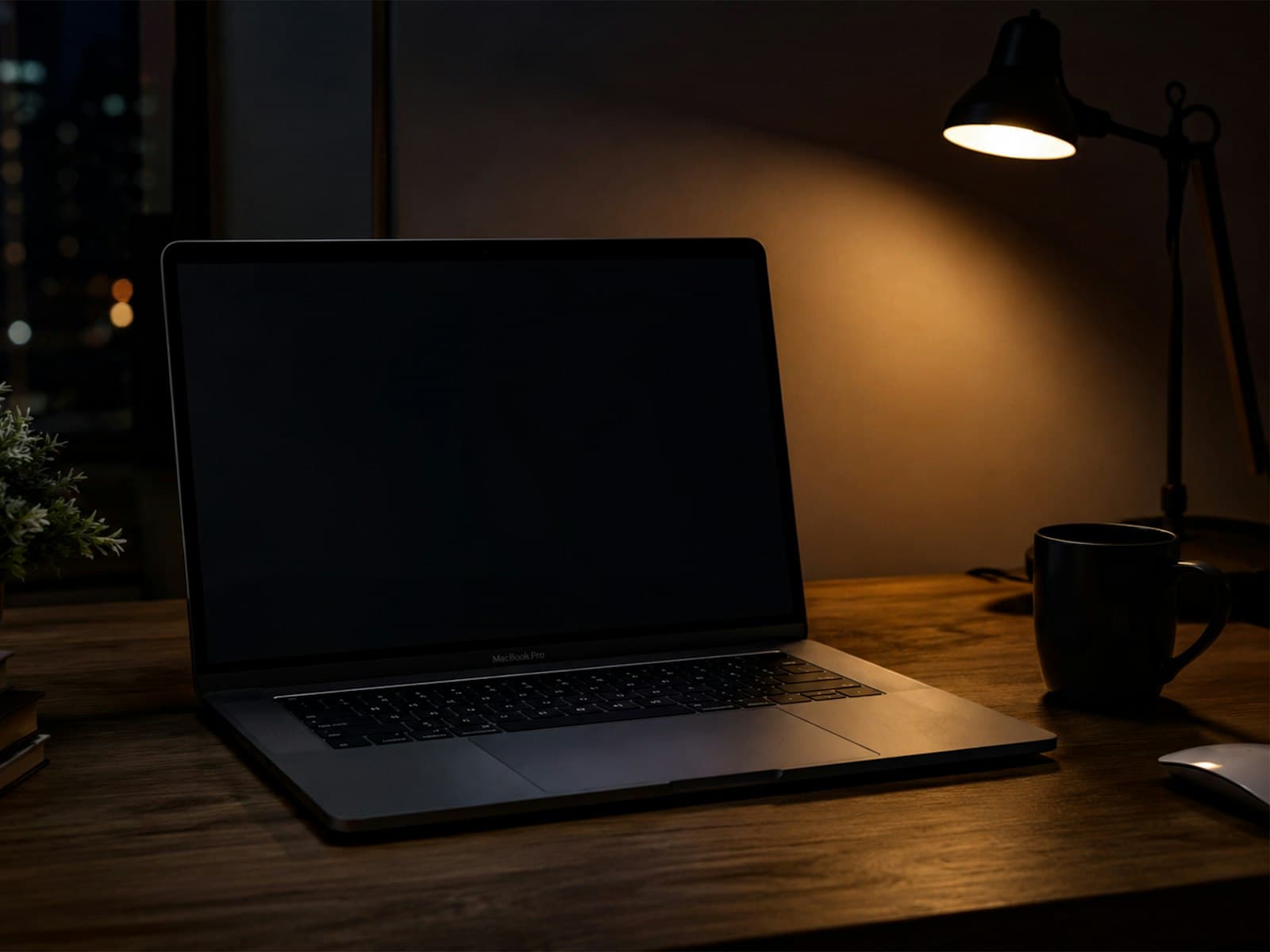 Espace de travail en soirée, ordinateur portable et vue sur la ville