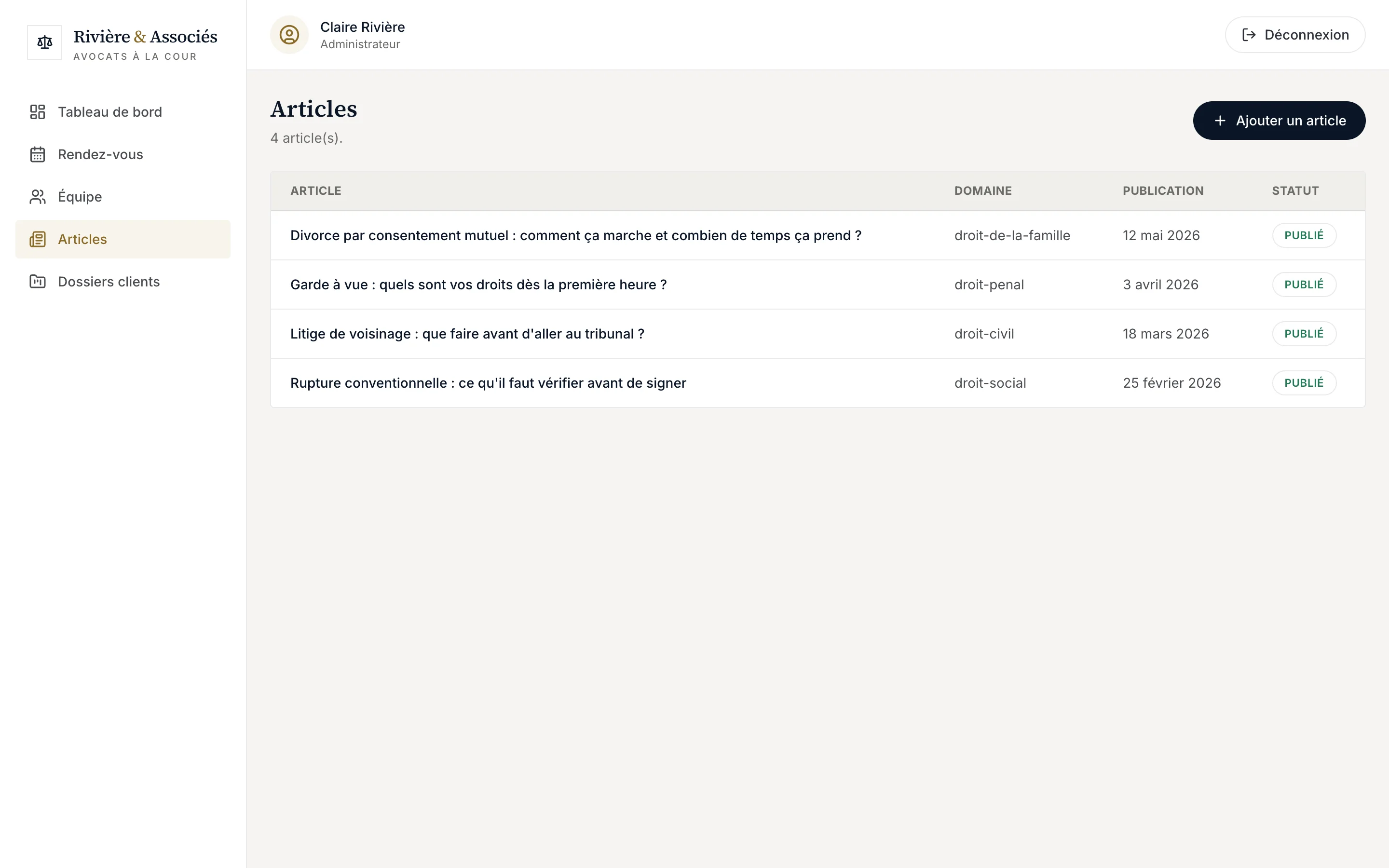 Capture d'écran réelle de la gestion des articles du blog juridique