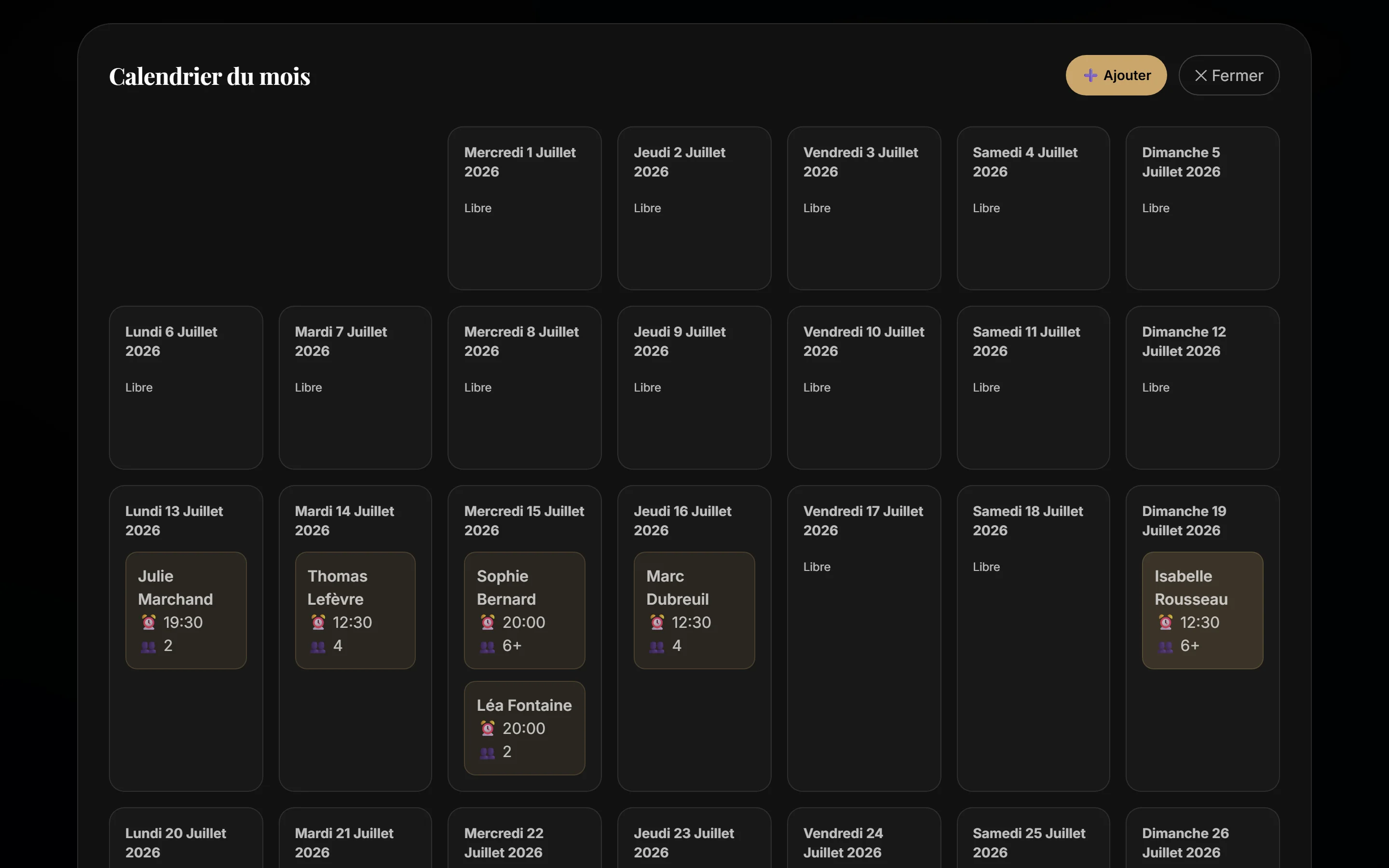 Capture d'écran réelle du calendrier mensuel des réservations