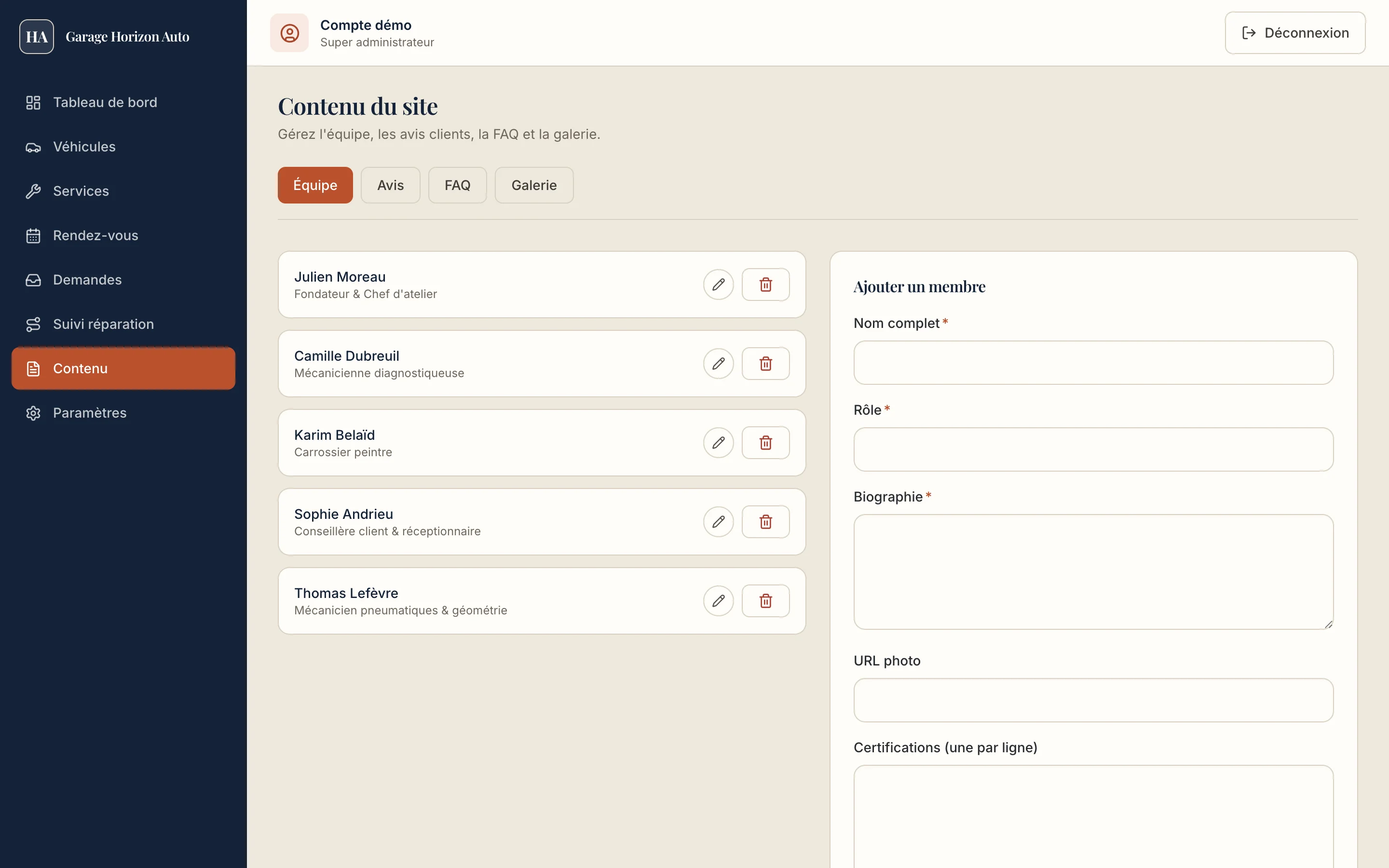 Capture d'écran réelle de l'éditeur de contenu du site public