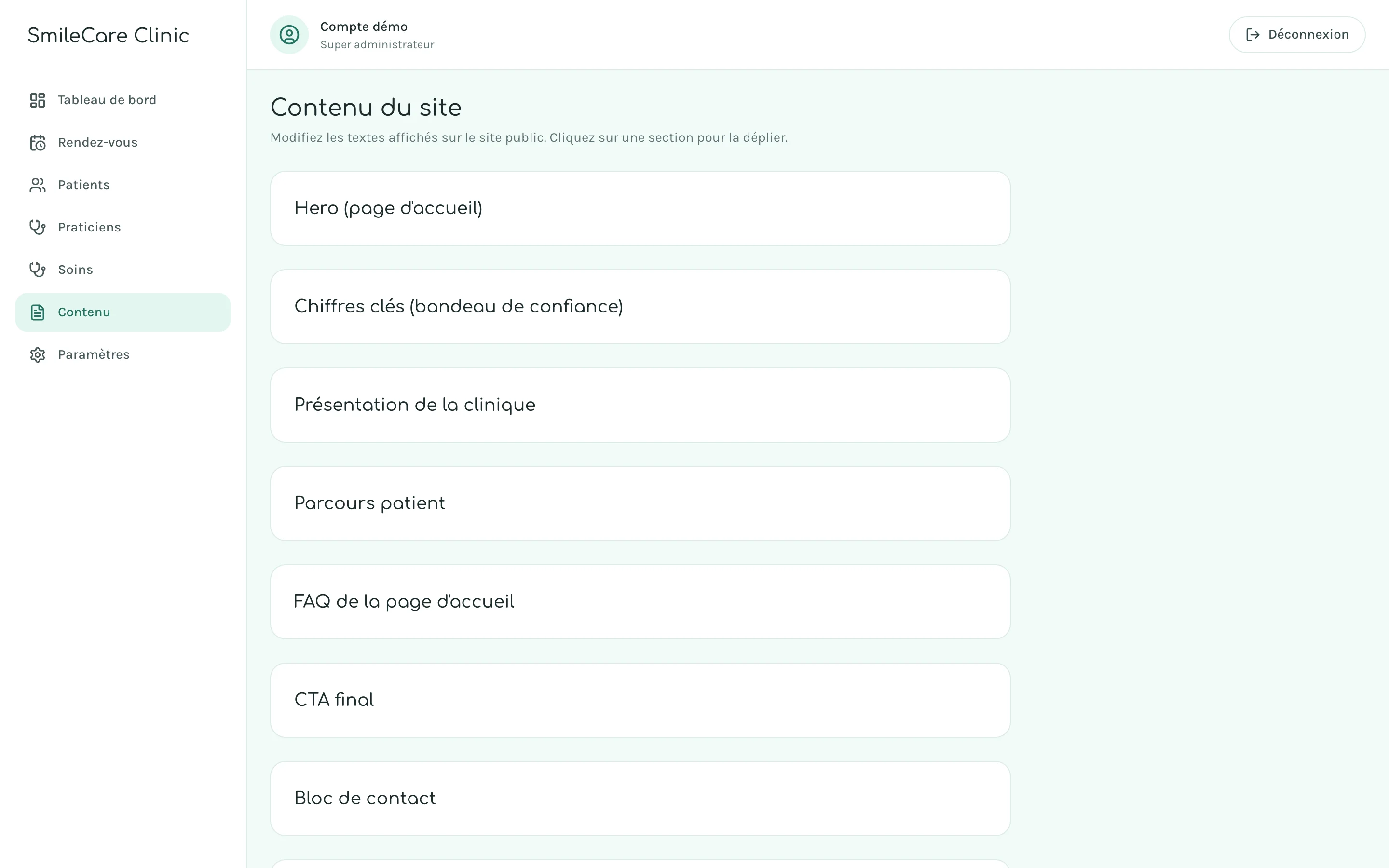 Capture d'écran réelle de l'éditeur de contenu du site public