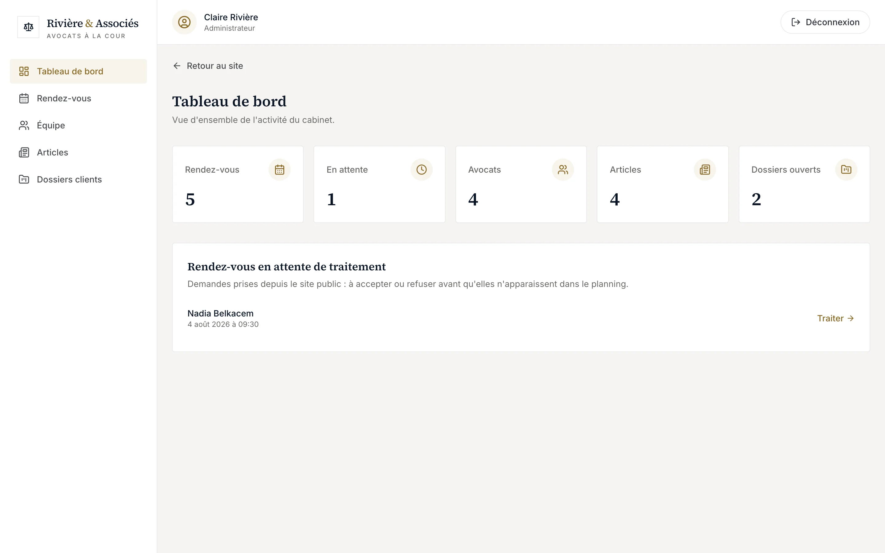 Capture d'écran réelle du tableau de bord : rendez-vous, demandes en attente, avocats, articles et dossiers ouverts