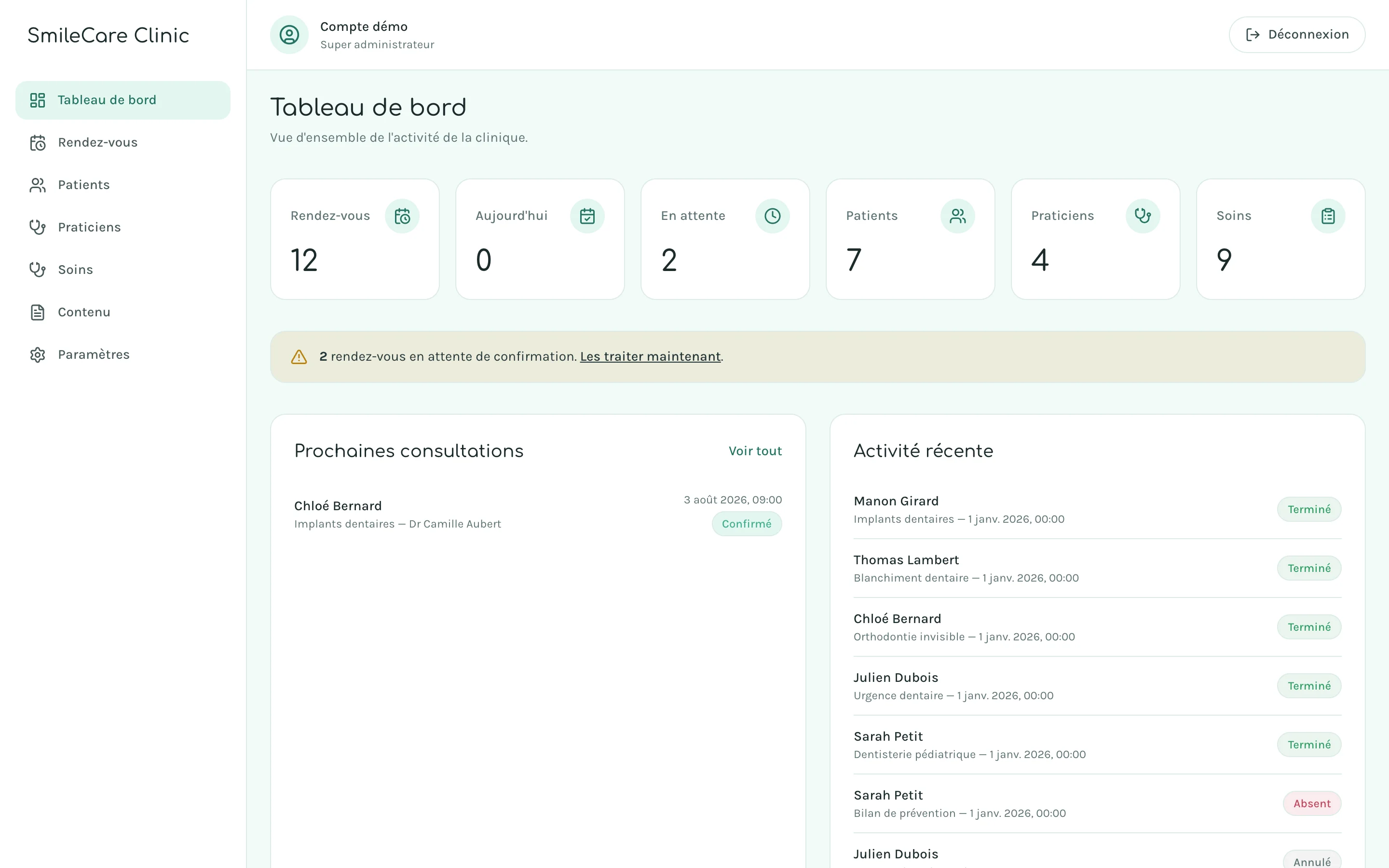 Tableau de bord de l'espace d'administration : statistiques, rendez-vous à venir et activité récente