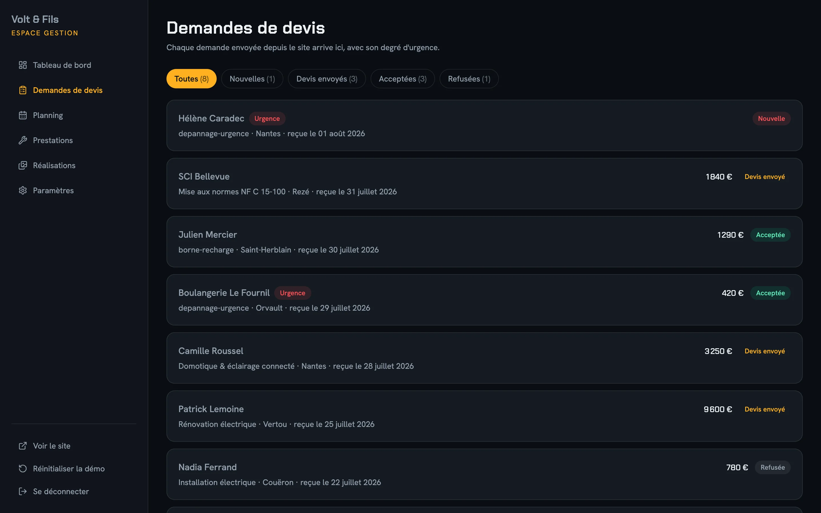 Capture d'écran réelle du suivi des demandes de devis, filtrées par statut