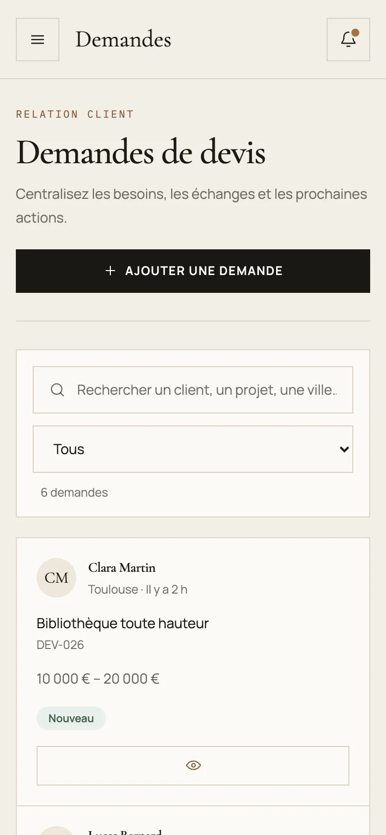 Capture d'écran réelle de la liste des demandes en mobile