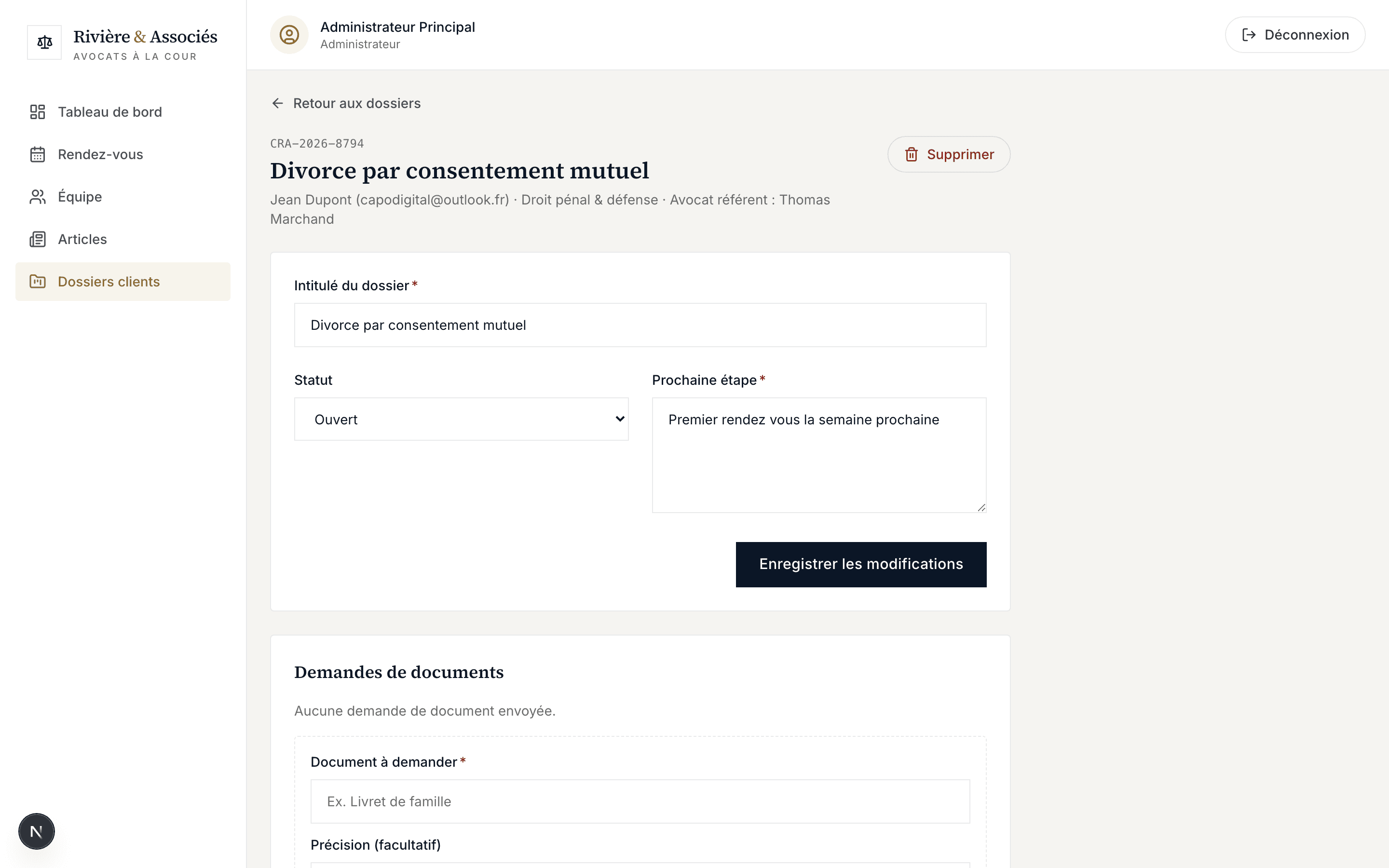 Capture d'écran réelle du détail d'un dossier client dans l'administration