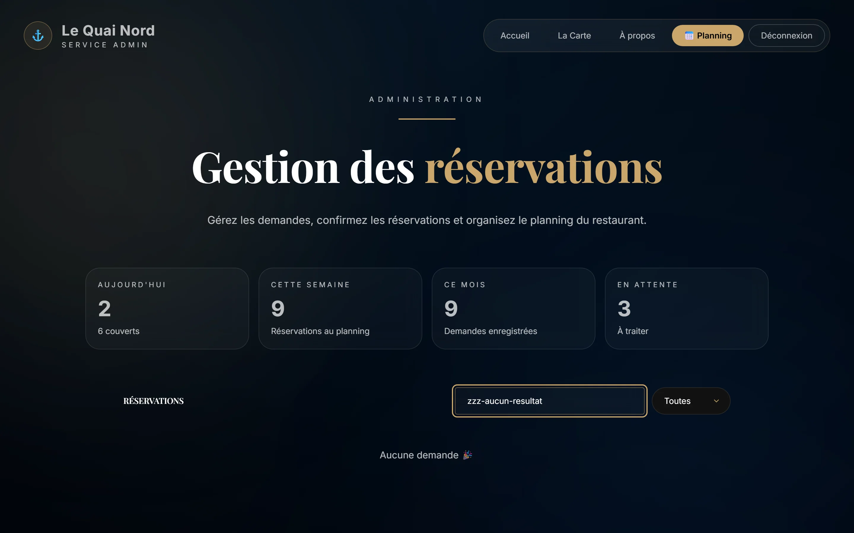 Capture d'écran réelle d'une recherche sans résultat dans l'administration