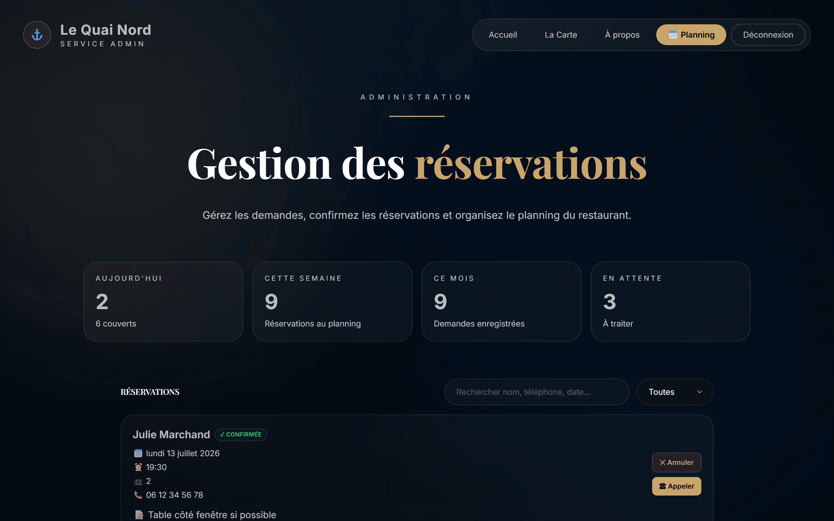 Vue d'ensemble de l'espace d'administration : statistiques et liste des réservations