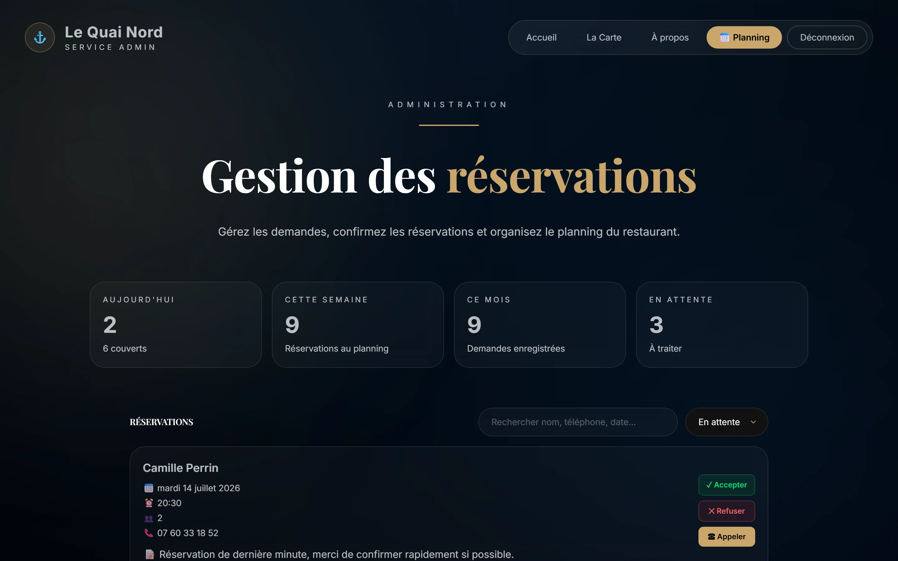 Capture d'écran réelle de l'administration en desktop