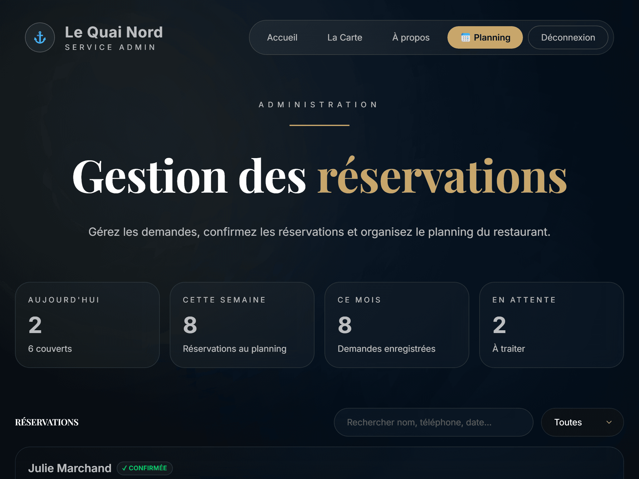 Capture d'écran réelle de l'administration en tablette
