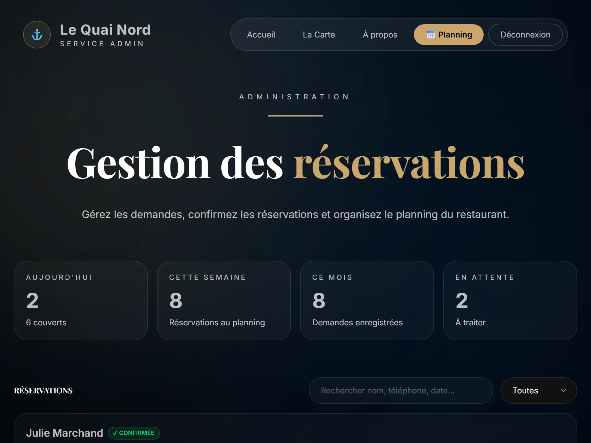 Capture d'écran réelle de l'administration en tablette