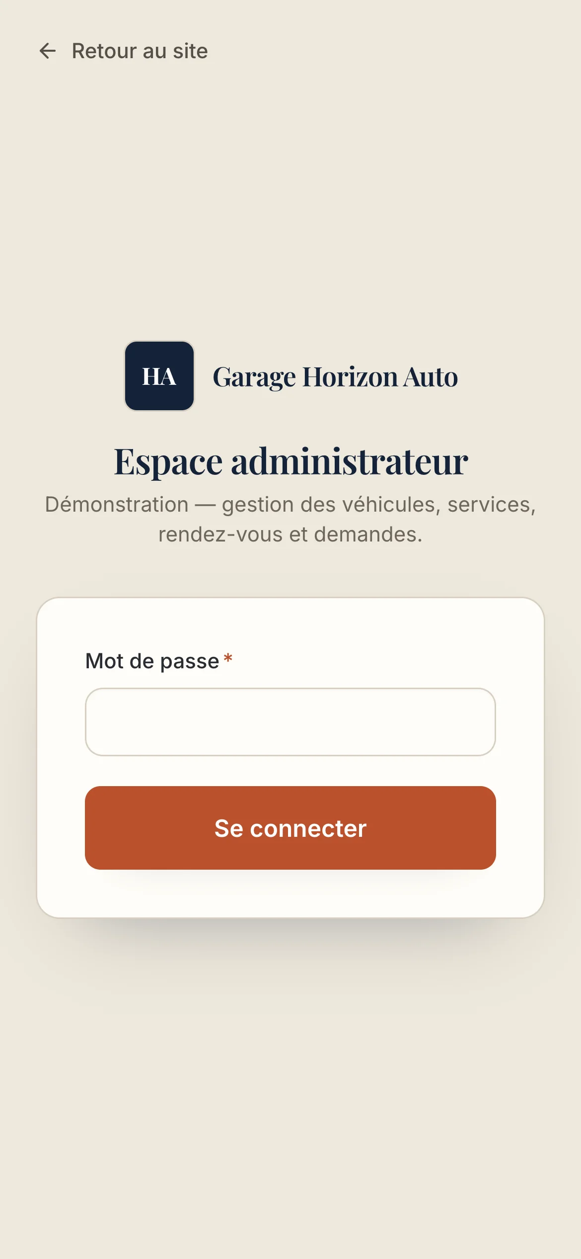 Capture d'écran réelle de la page de connexion admin en mobile