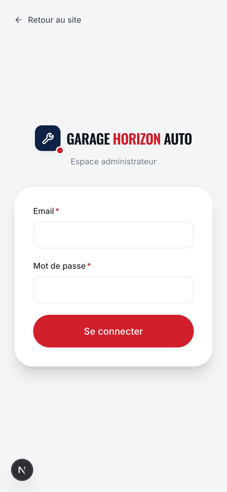 Capture d'écran réelle de la page de connexion admin en mobile