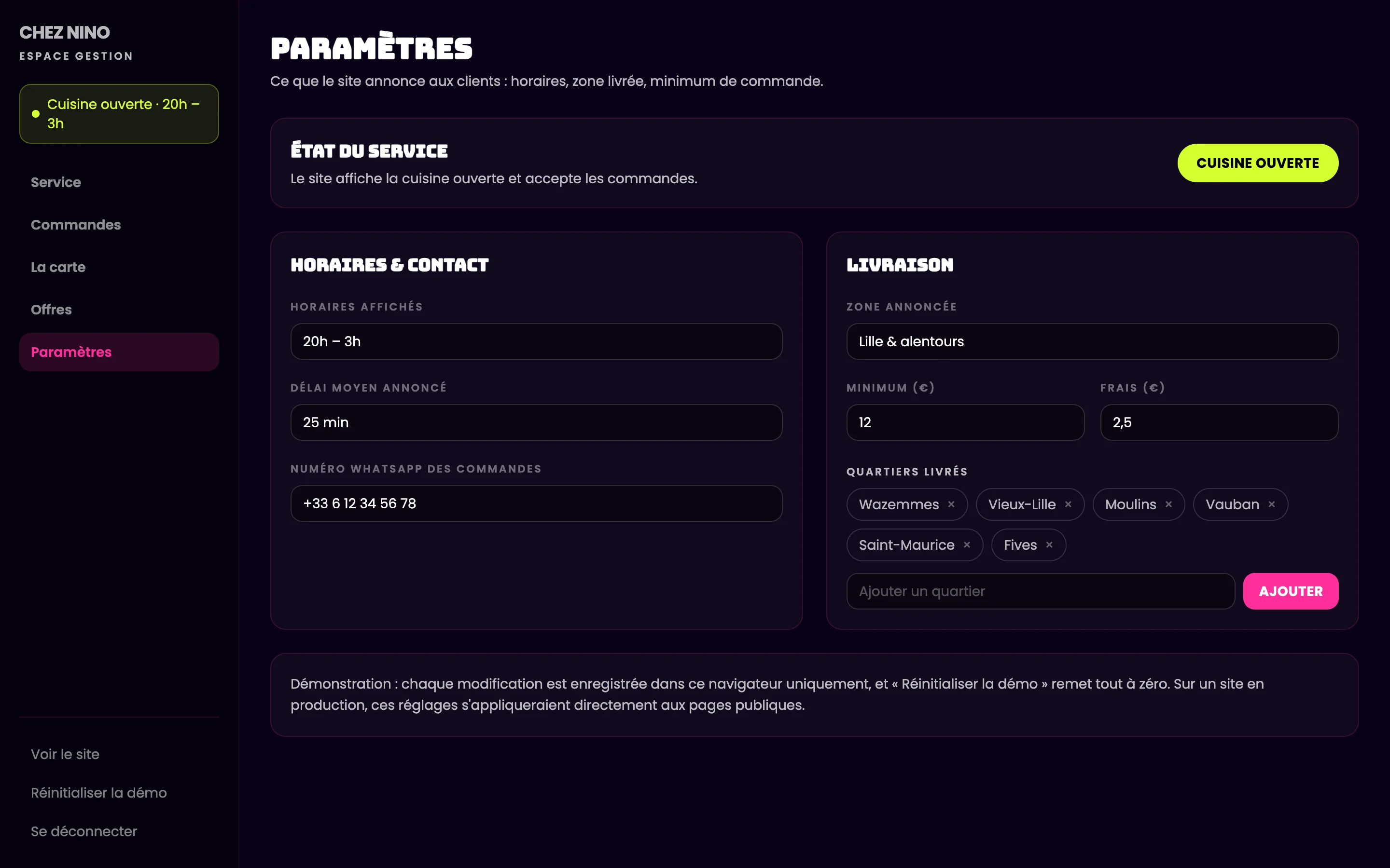 Capture d'écran réelle des paramètres : état du service, horaires, zone et quartiers livrés