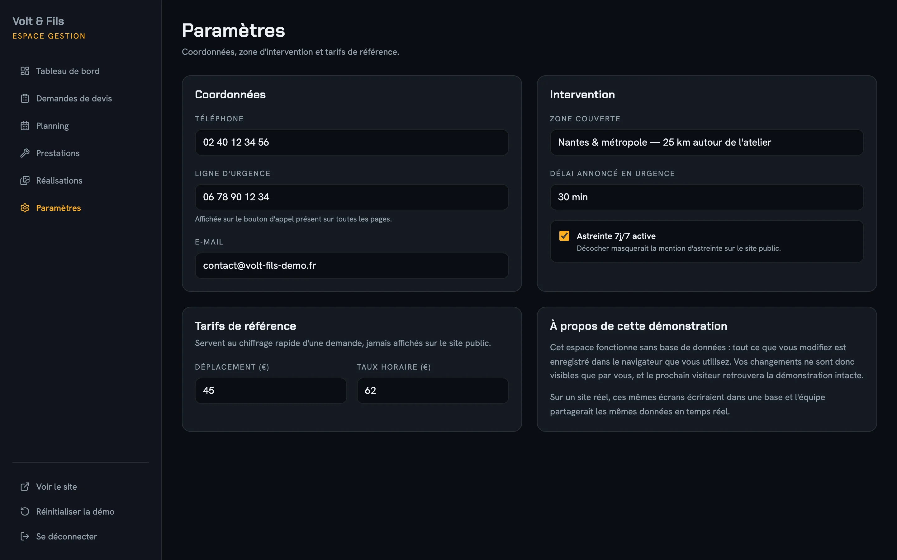 Capture d'écran réelle des paramètres : coordonnées, zone d'intervention et tarifs