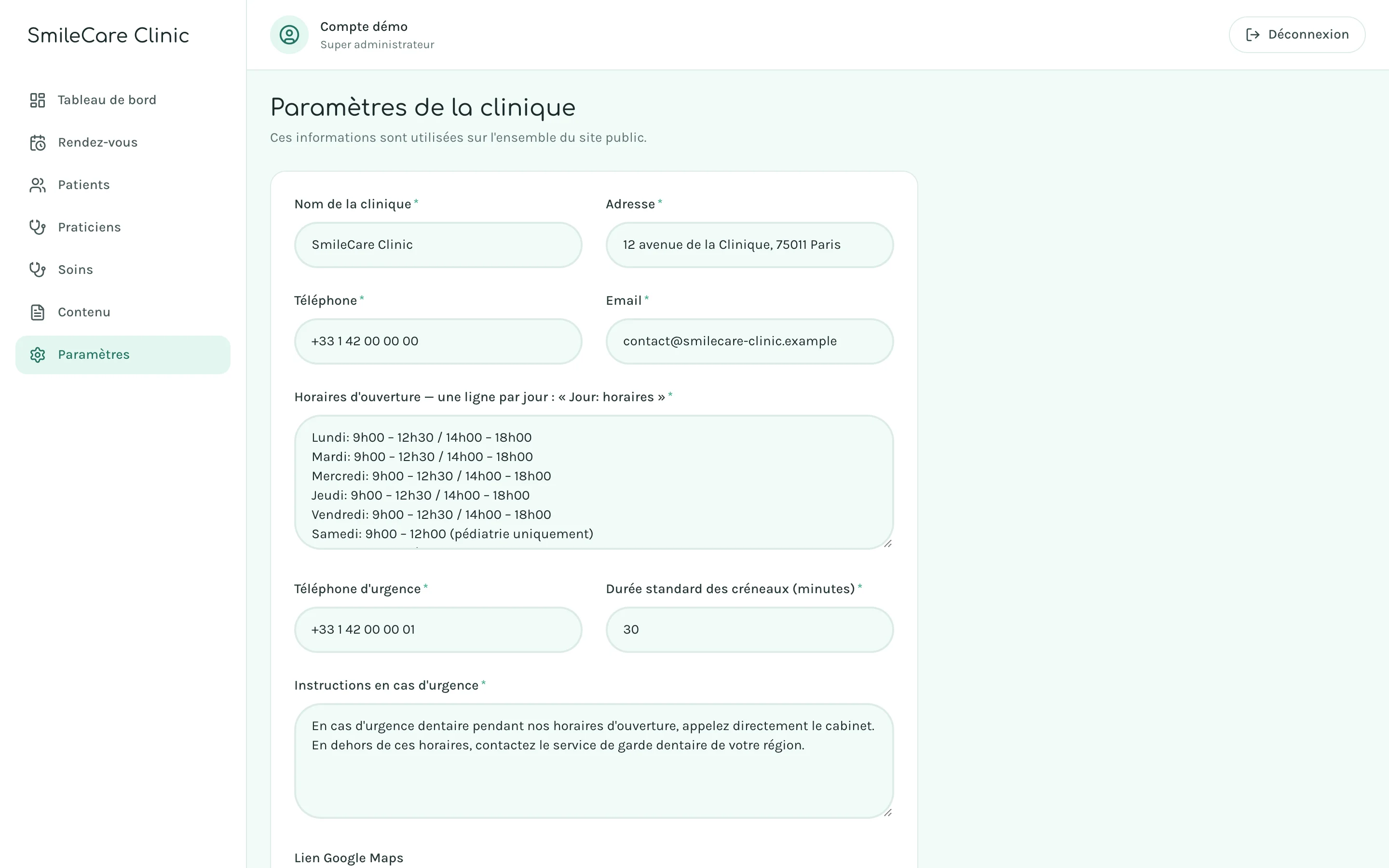 Capture d'écran réelle des paramètres de la clinique dans l'administration