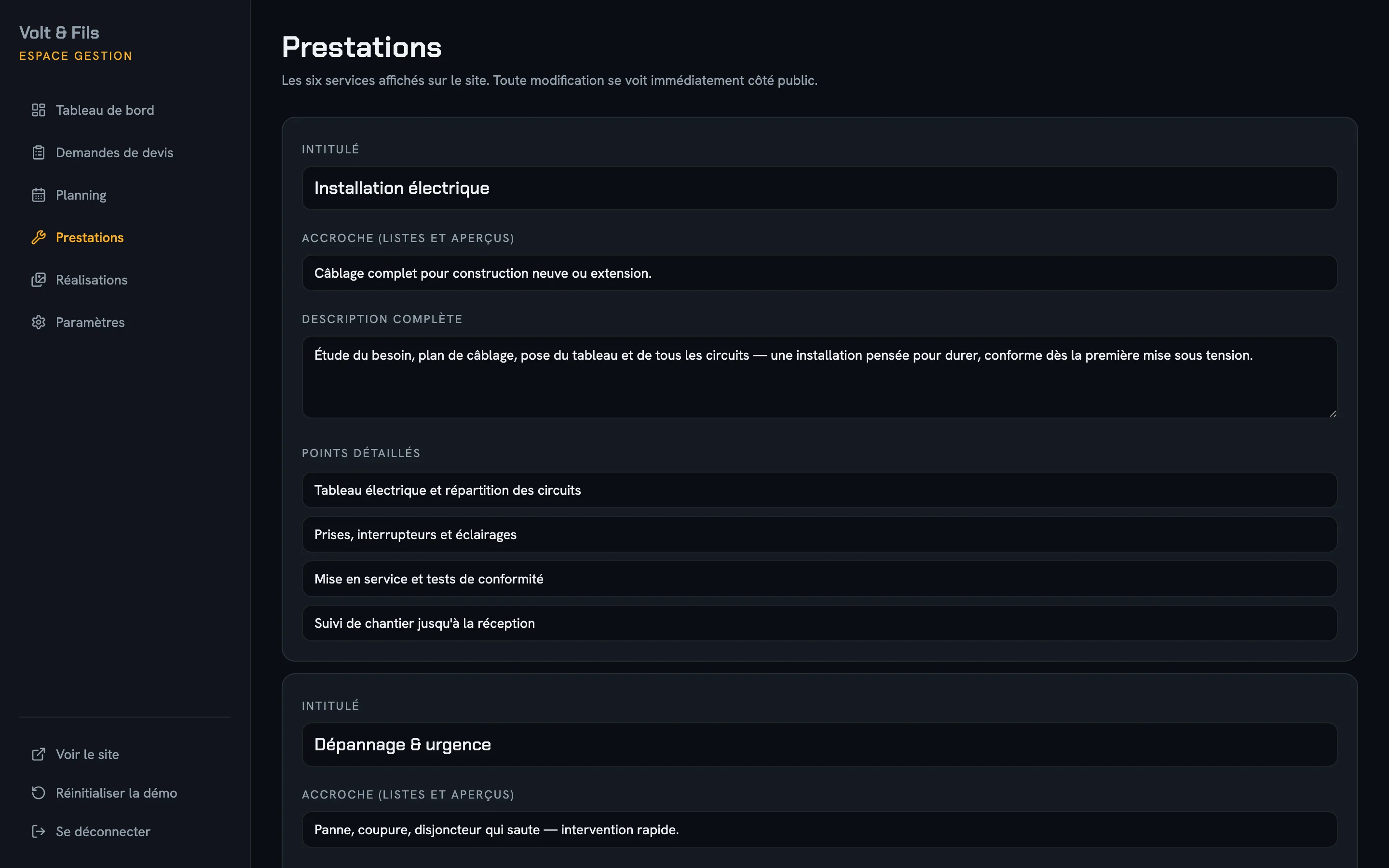 Capture d'écran réelle de l'édition des prestations affichées sur le site