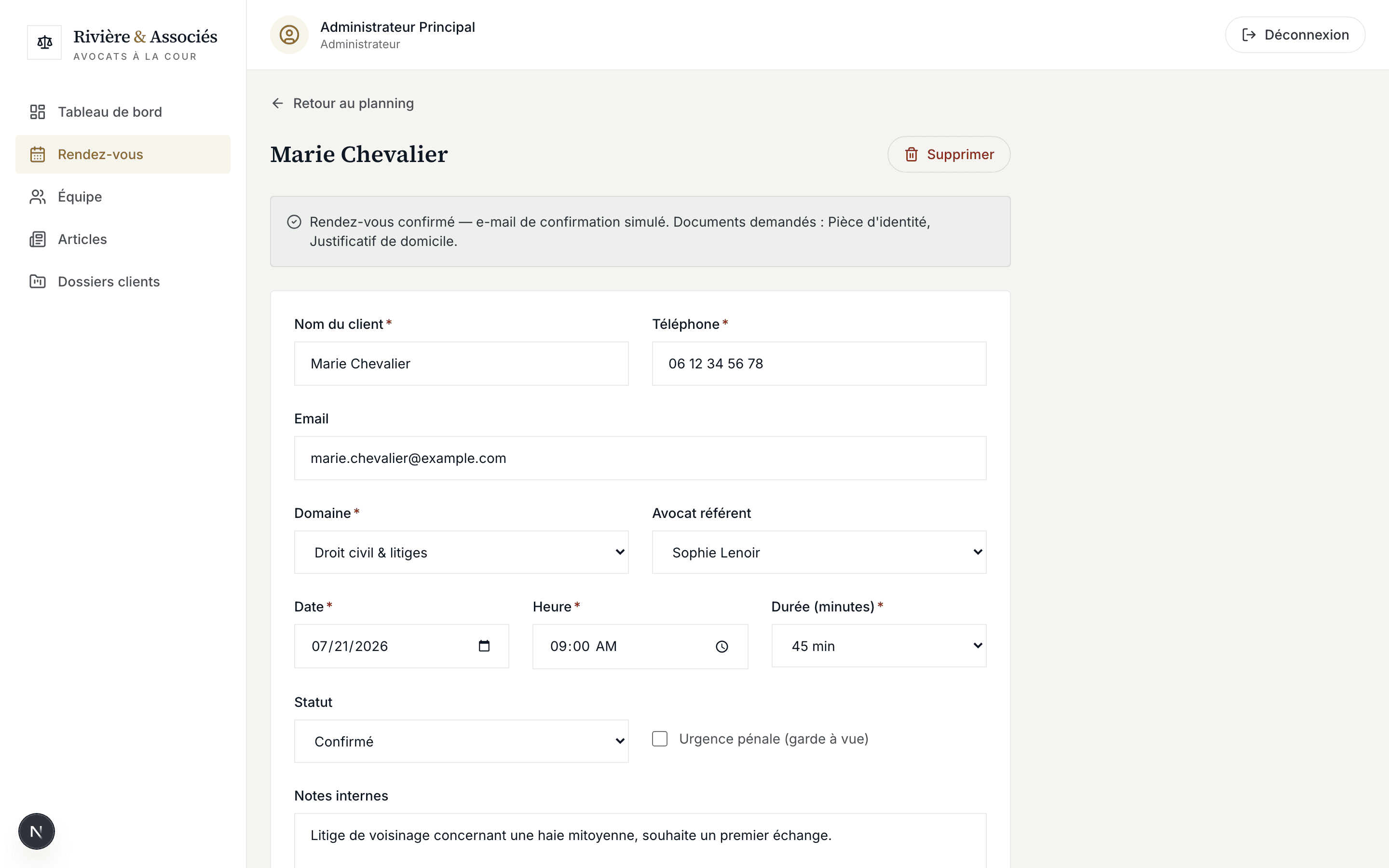 Capture d'écran réelle de la confirmation d'un rendez-vous avec documents demandés