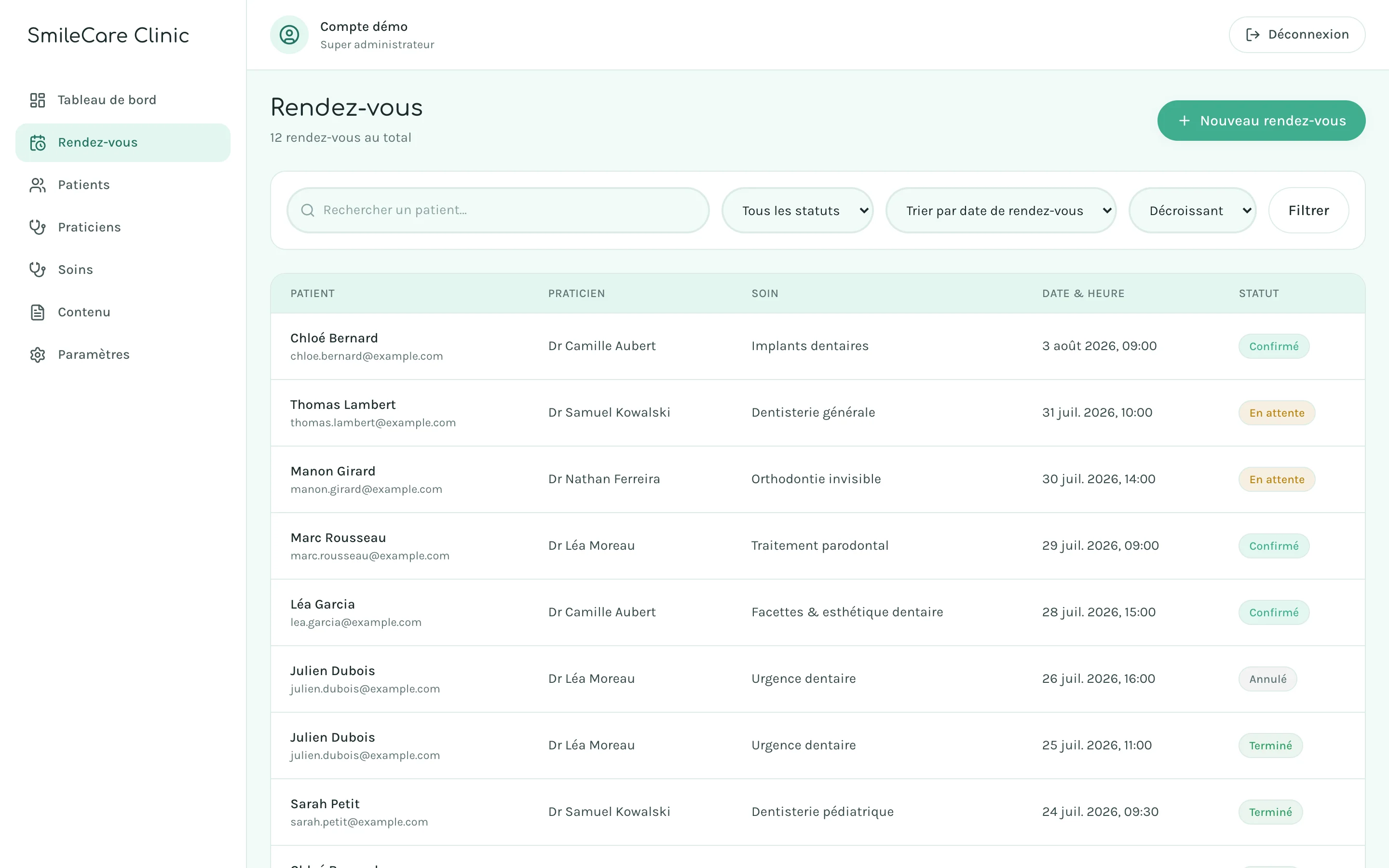Capture d'écran réelle de la liste des rendez-vous dans l'administration