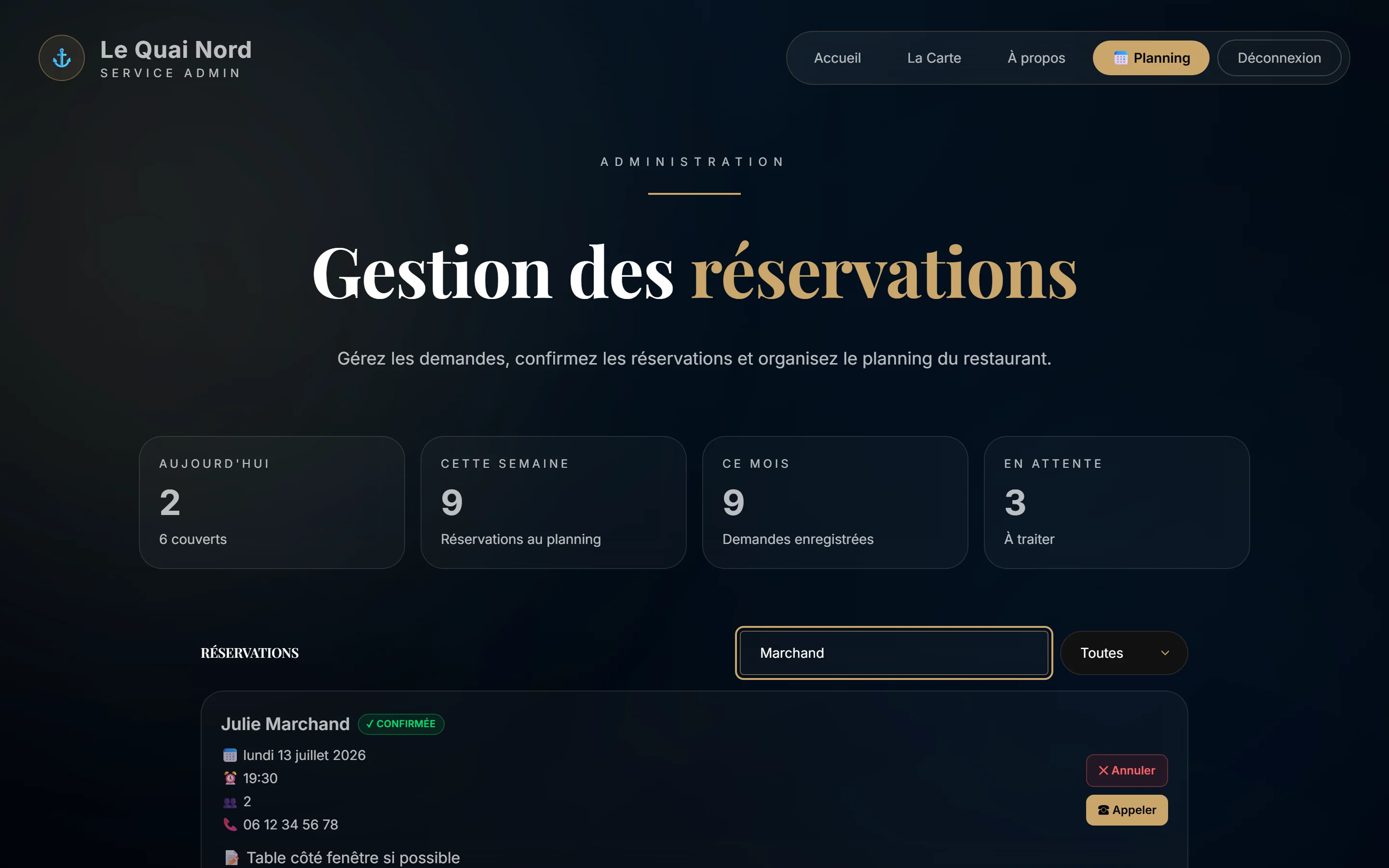 Capture d'écran réelle de la recherche dans les réservations