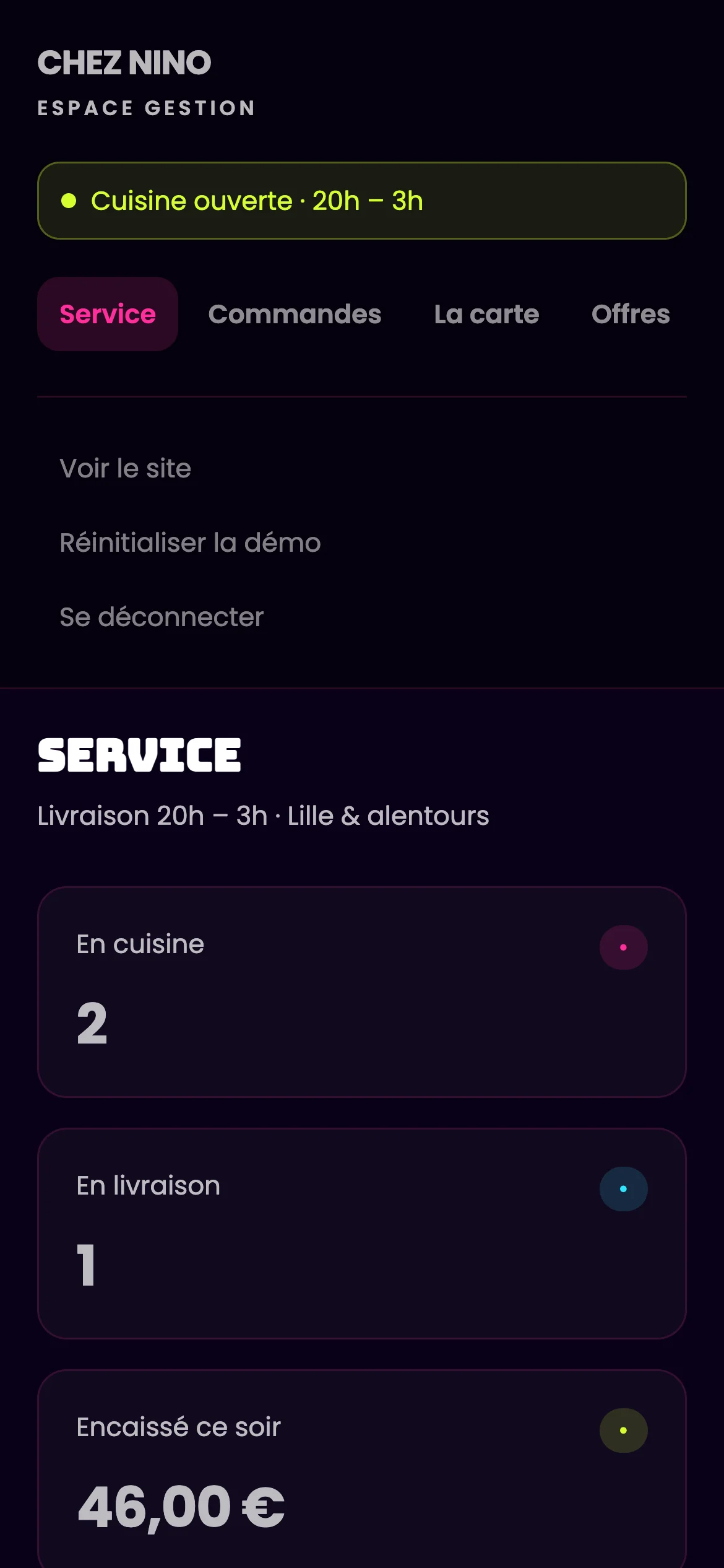 Capture d'écran réelle de l'écran Service en mobile