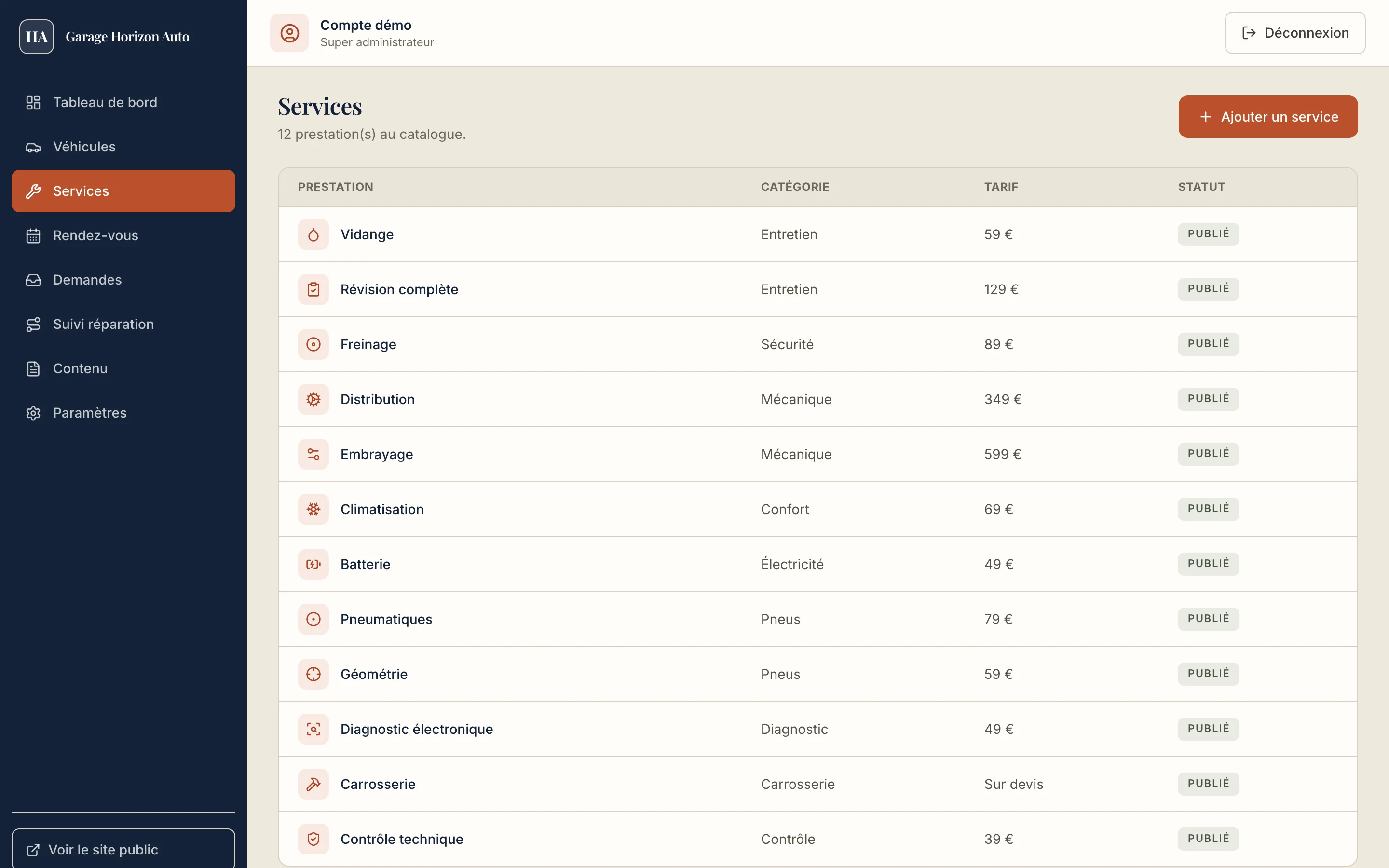 Capture d'écran réelle de la liste des services dans l'administration