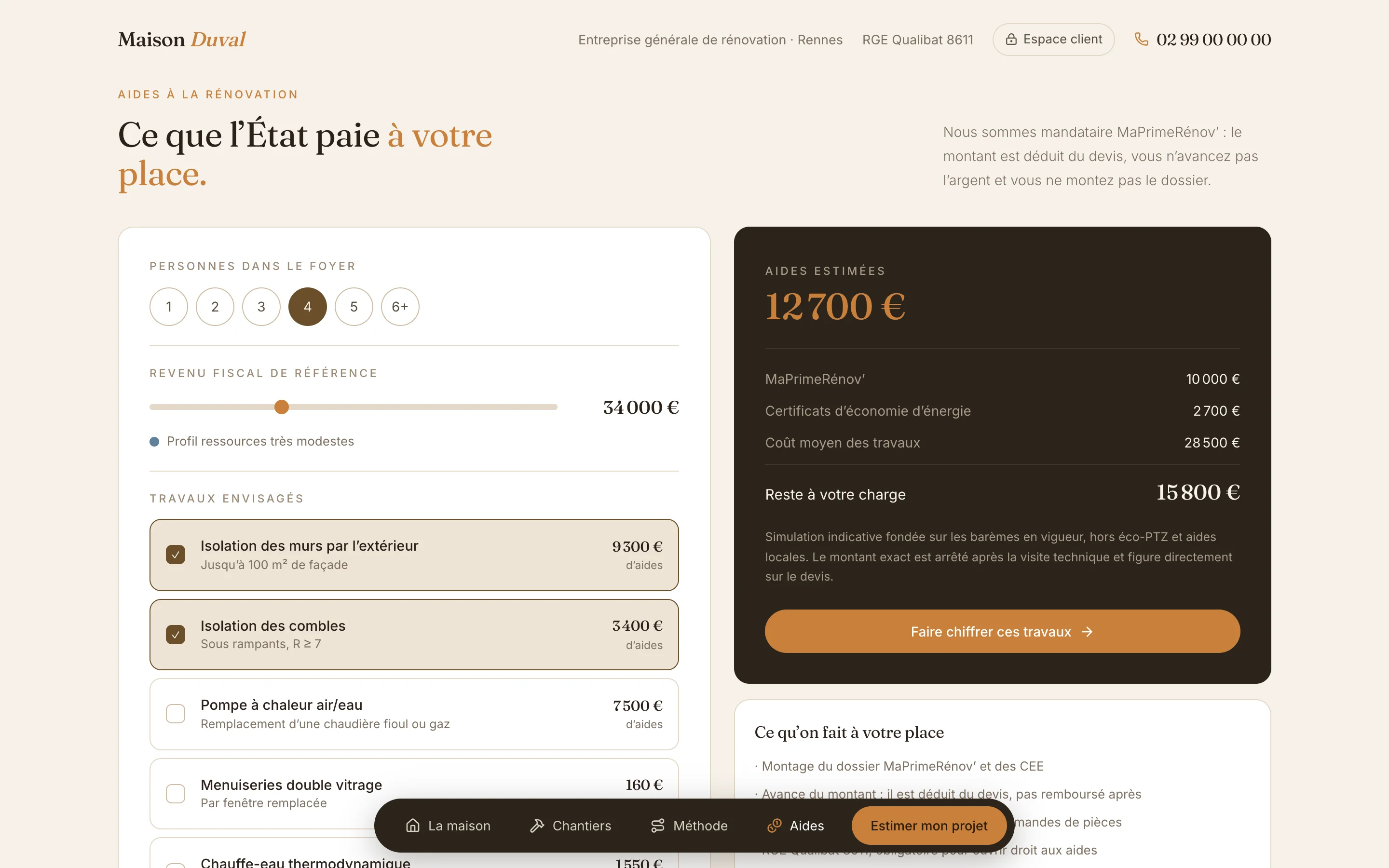Capture d'écran de la page MaPrimeRénov' calculée, reste à charge affiché