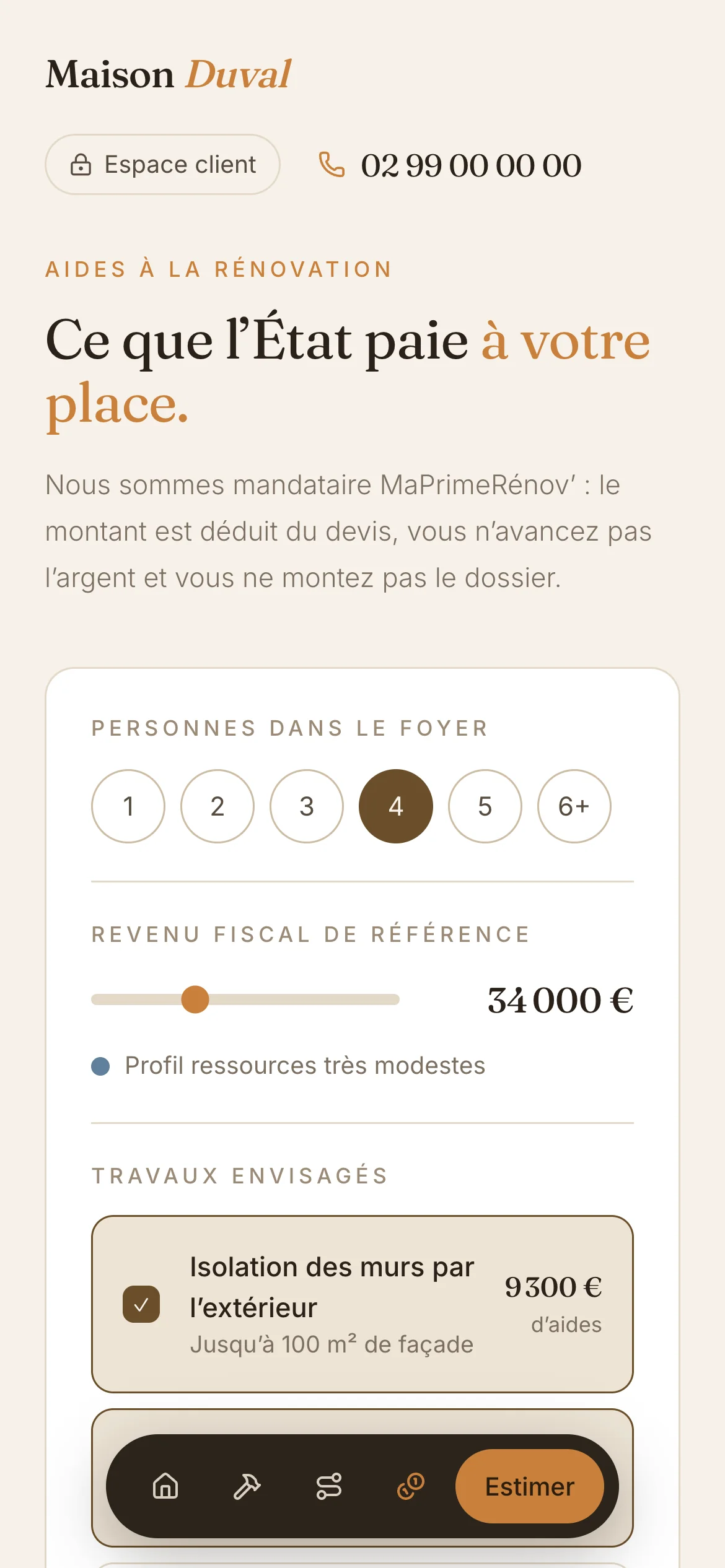 Capture d'écran réelle du simulateur d'aides