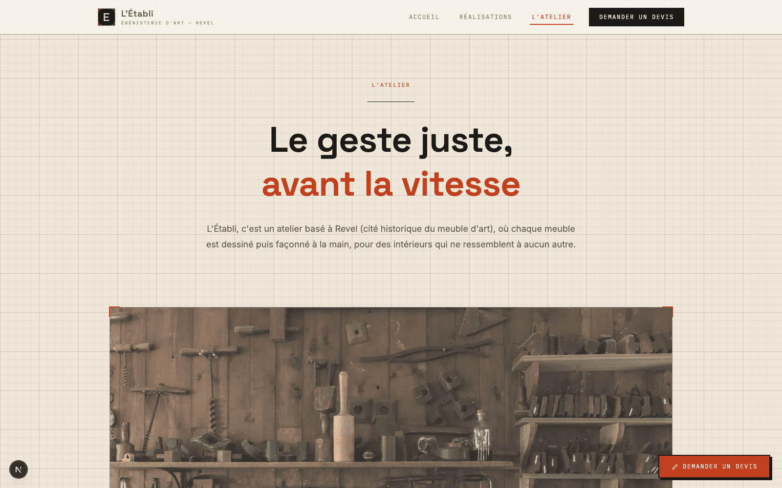 Capture d'écran de la page L'histoire, le sur-mesure étape par étape, les essences de bois