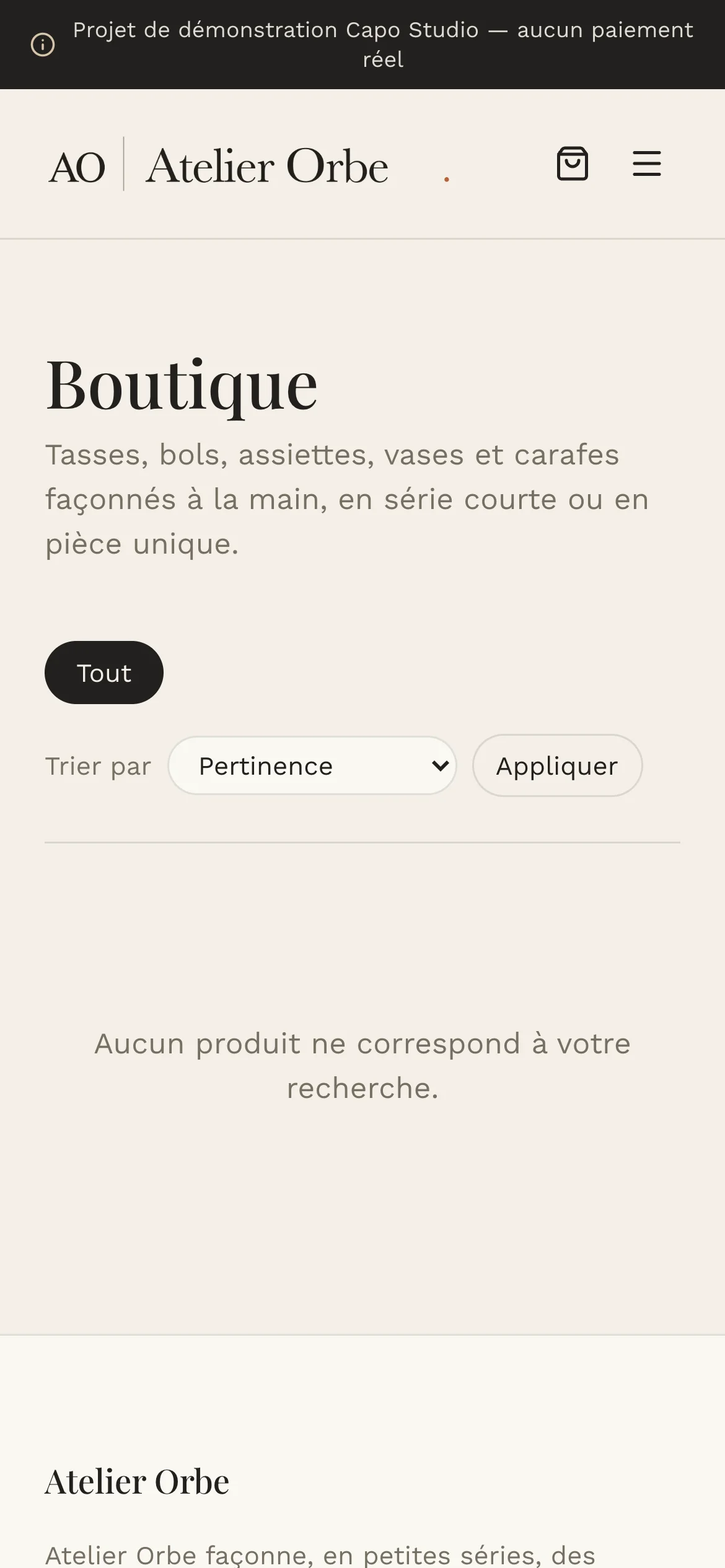 Capture d'écran réelle de la boutique en mobile