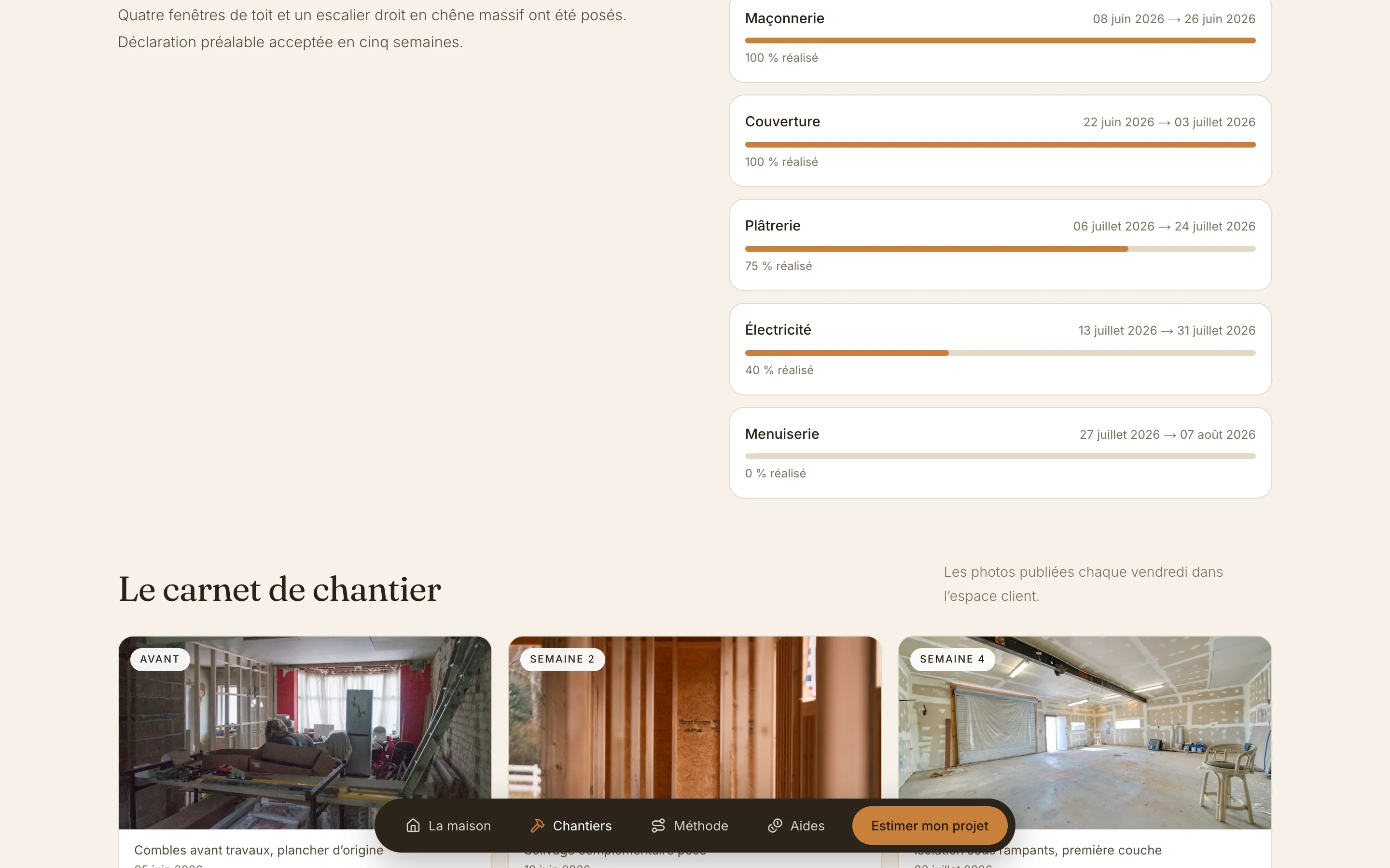 Capture d'écran réelle du déroulé des lots sur une fiche chantier