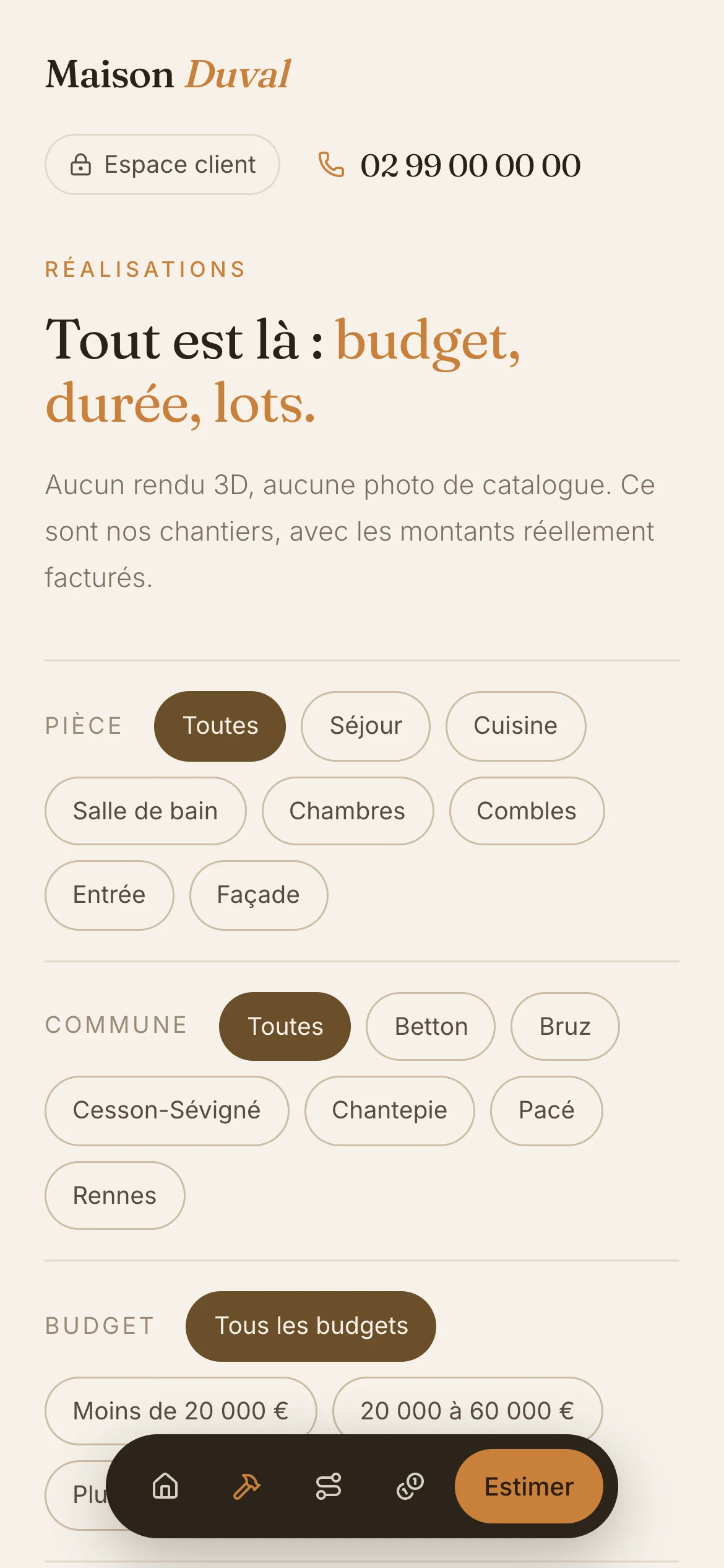 Capture d'écran réelle de la liste des chantiers en mobile