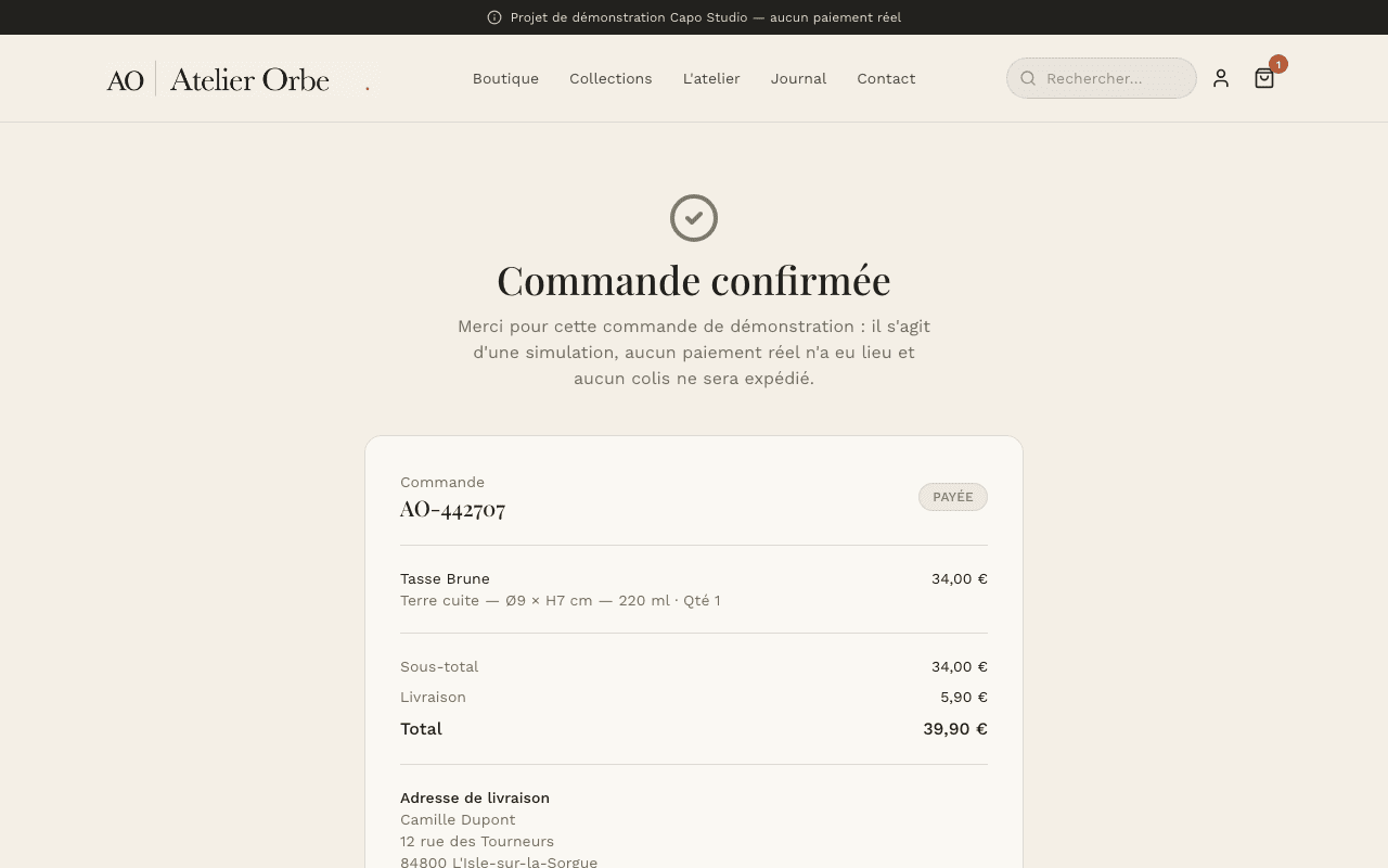 Capture d'écran réelle de la page de confirmation de commande, après un paiement simulé