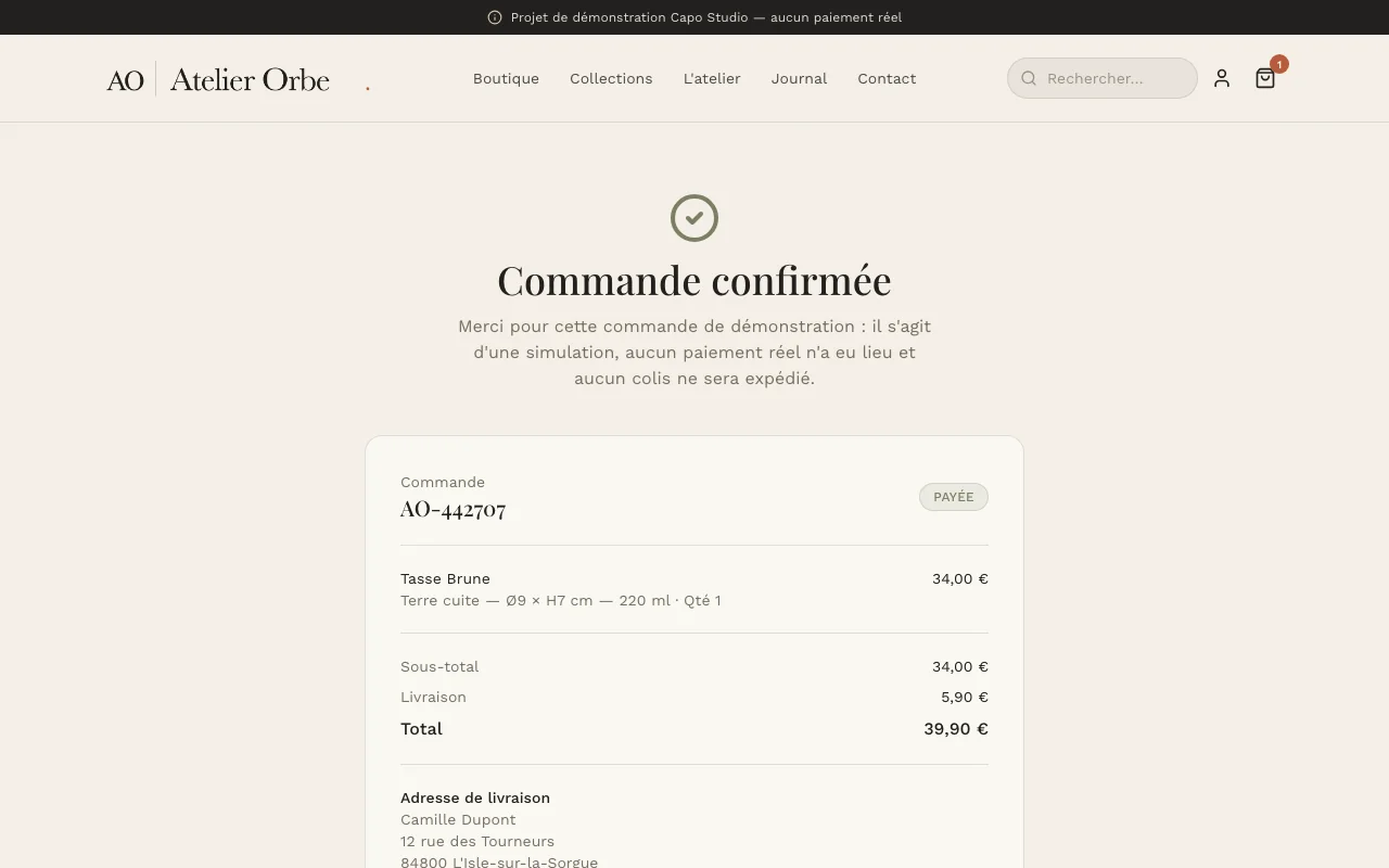 Capture d'écran réelle de la page de confirmation de commande, après un paiement simulé