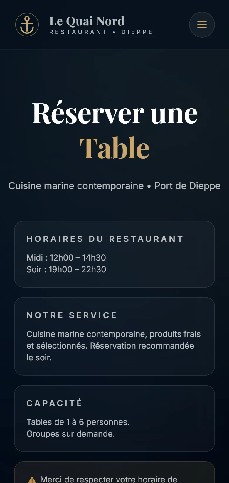 Capture d'écran réelle de la page de réservation en mobile