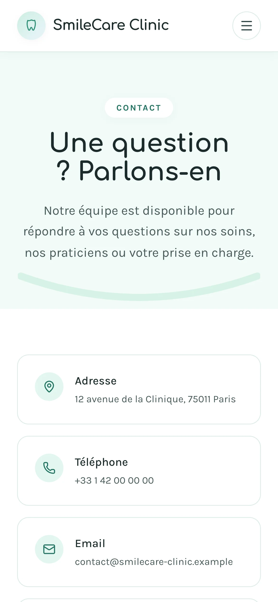 Capture d'écran réelle de la page de contact en mobile