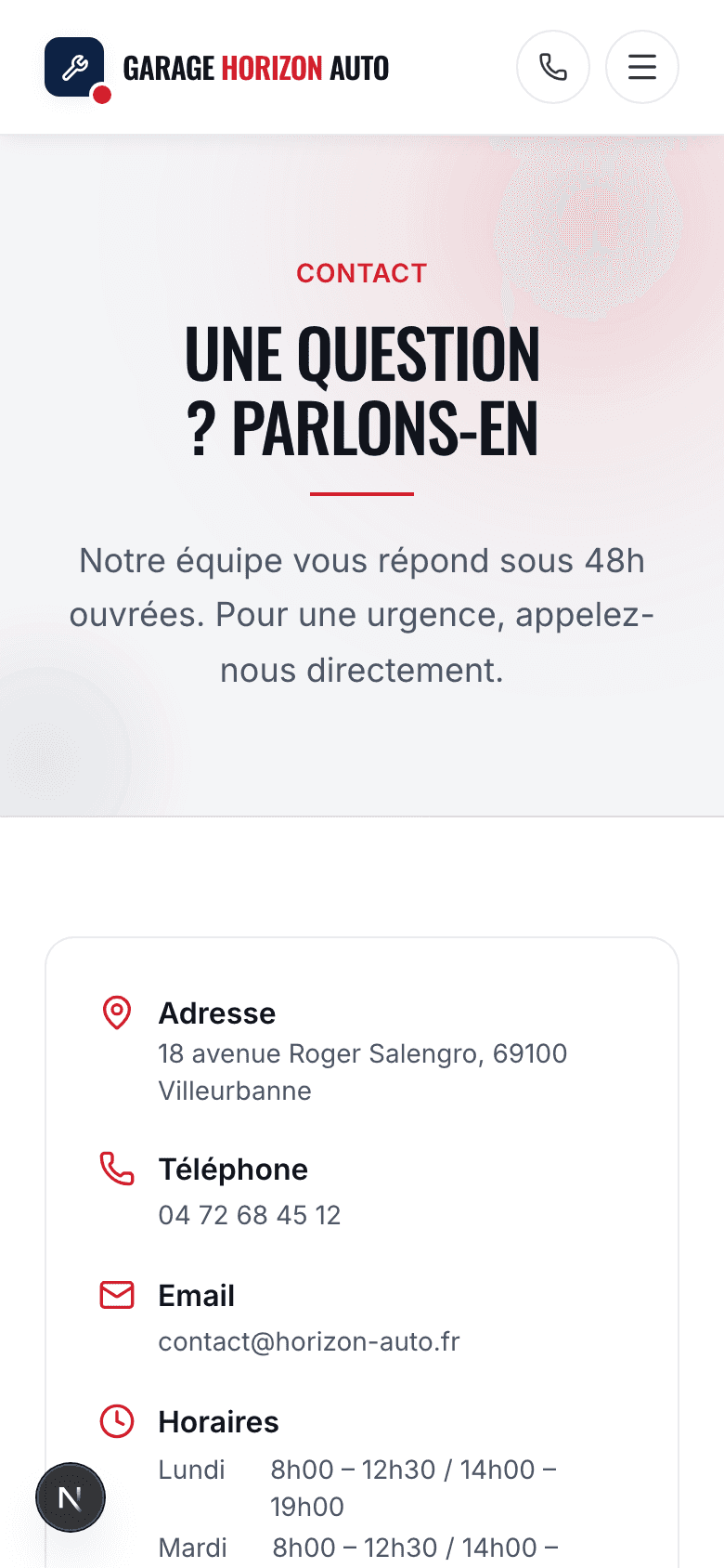 Capture d'écran réelle de la page de contact en mobile