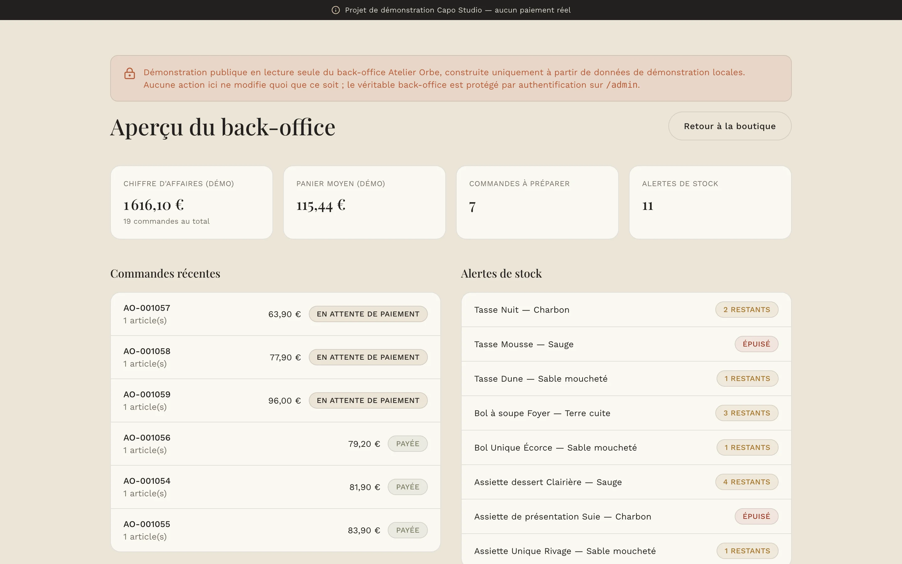Capture d'écran réelle de la démonstration publique et en lecture seule du back-office