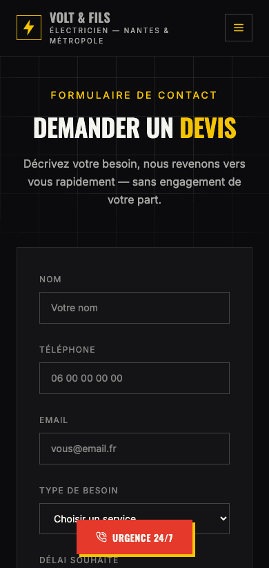 Capture d'écran réelle de la page de demande de devis en mobile