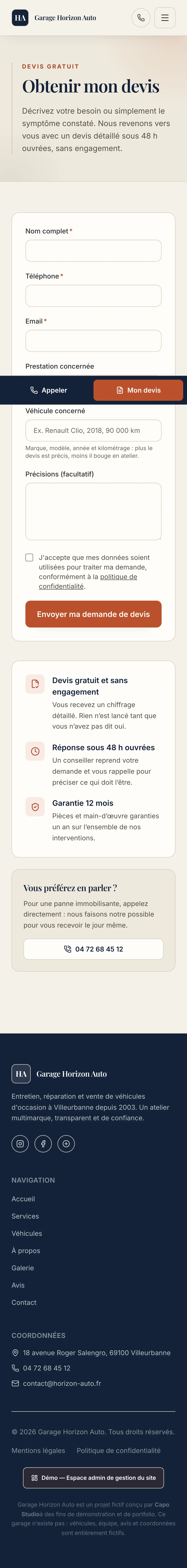 Capture d'écran réelle du formulaire de devis en mobile