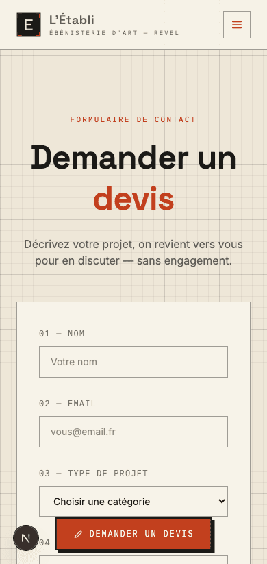 Capture d'écran réelle du formulaire de devis en mobile