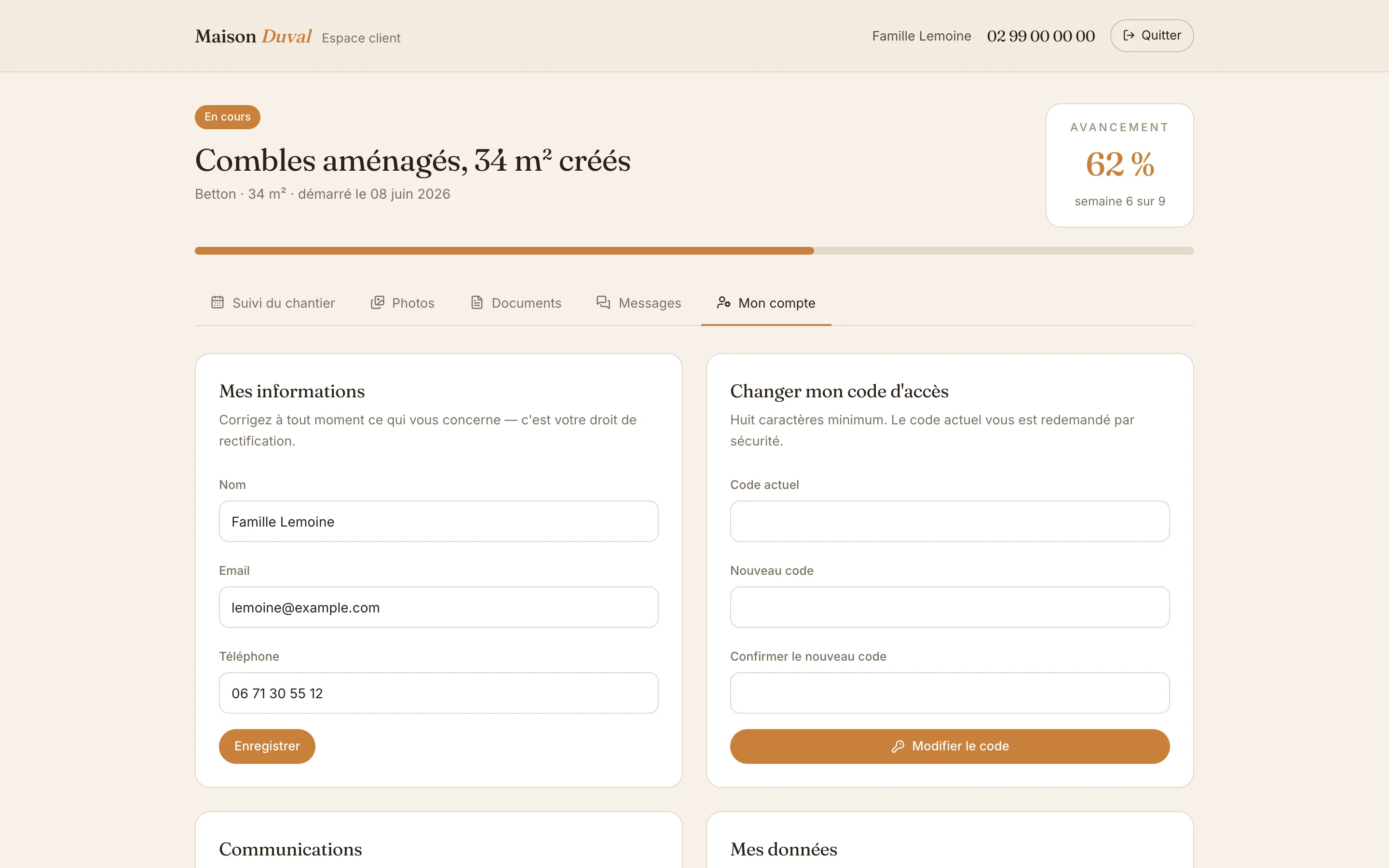 Capture d'écran réelle de l'onglet Mon compte : informations, changement de code, consentement, export et effacement