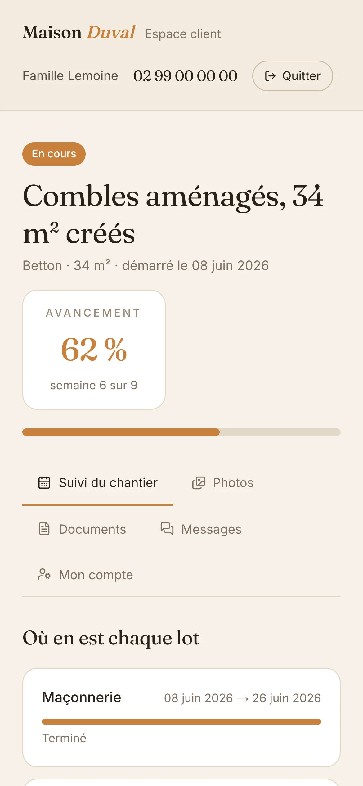 Capture d'écran réelle de l'espace client en mobile
