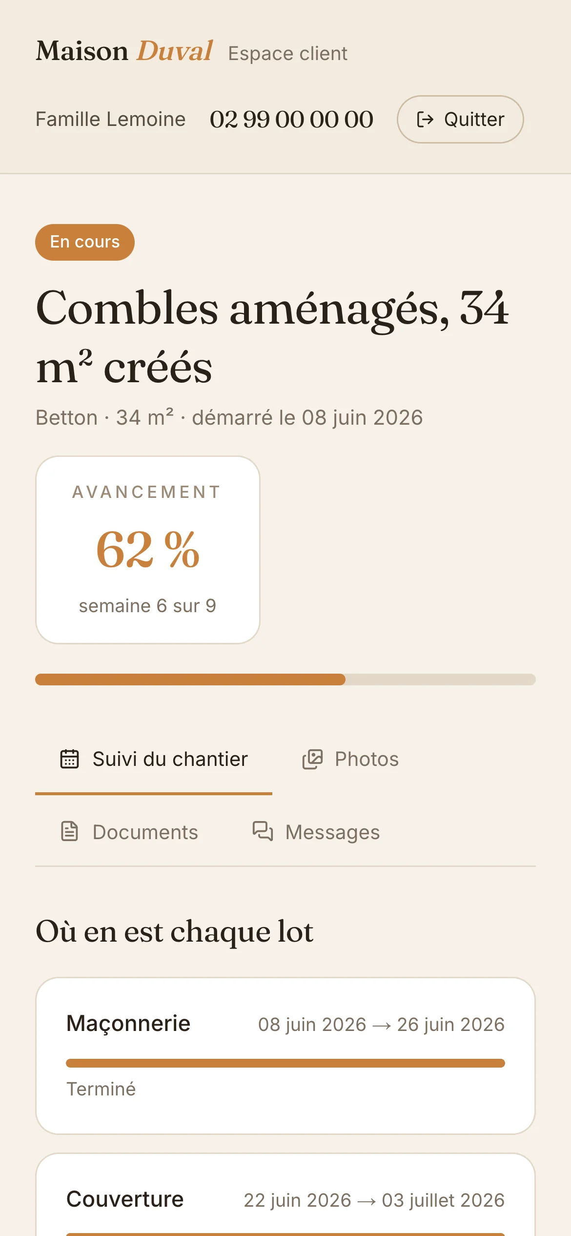 Capture d'écran réelle de l'espace client en mobile