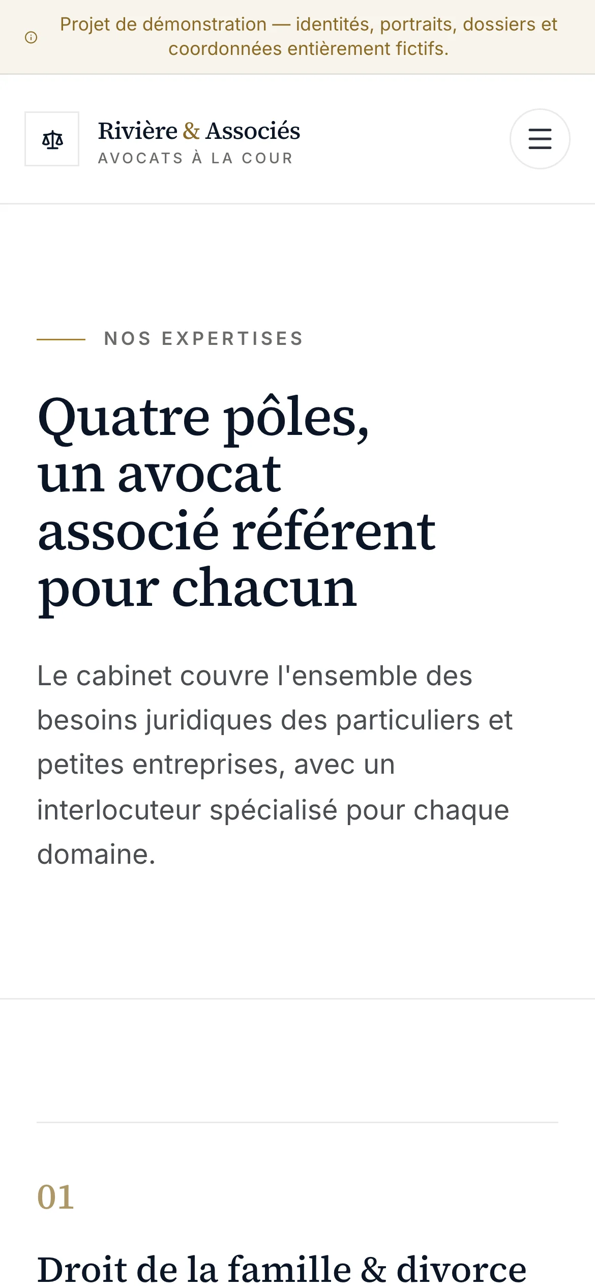 Capture d'écran réelle de la page des expertises en mobile
