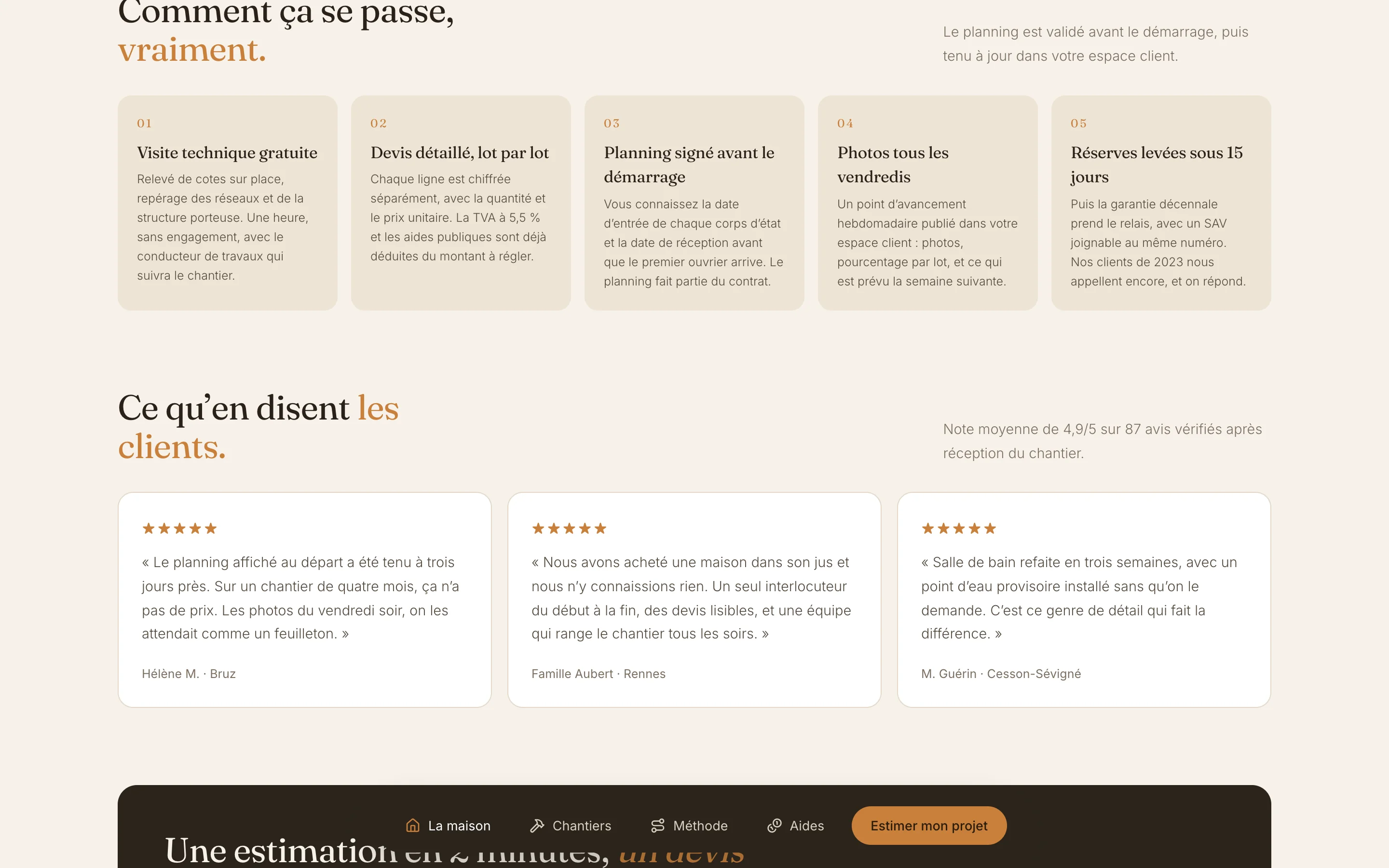 Capture d'écran de la page Cinq étapes, et ce qui se passe pendant le chantier