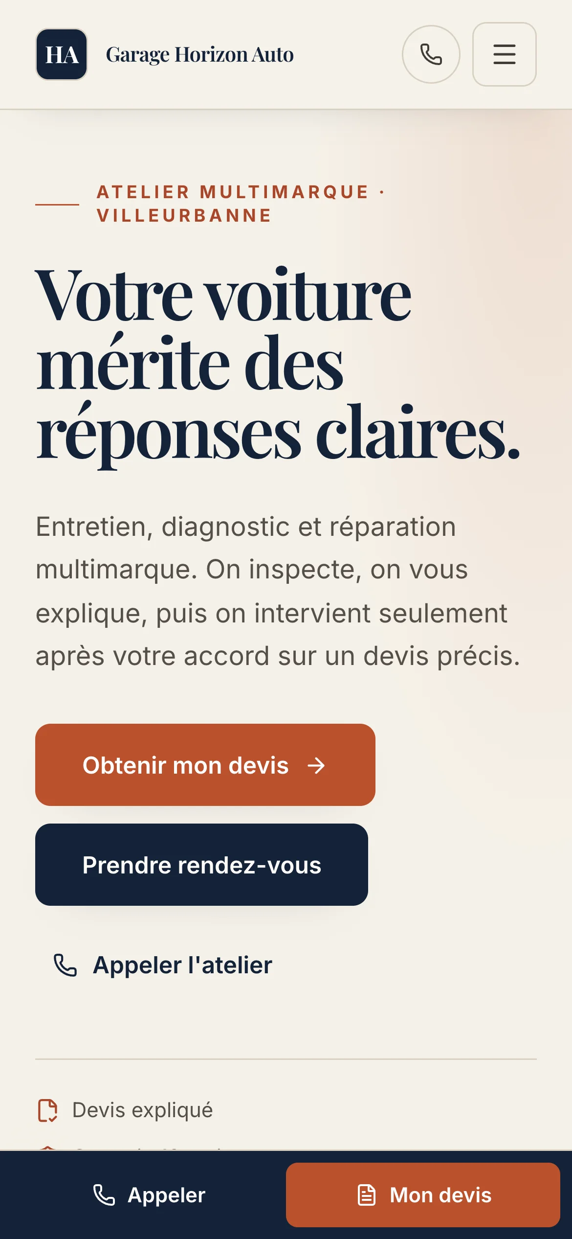 Capture d'écran de la page d'accueil en mobile